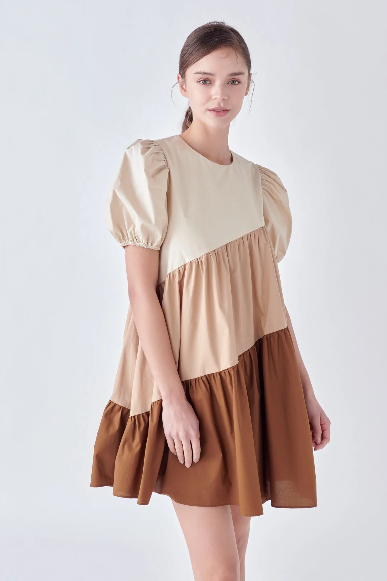 Asymmetrical Colorblock Puff Sleeve Dress - Image 10