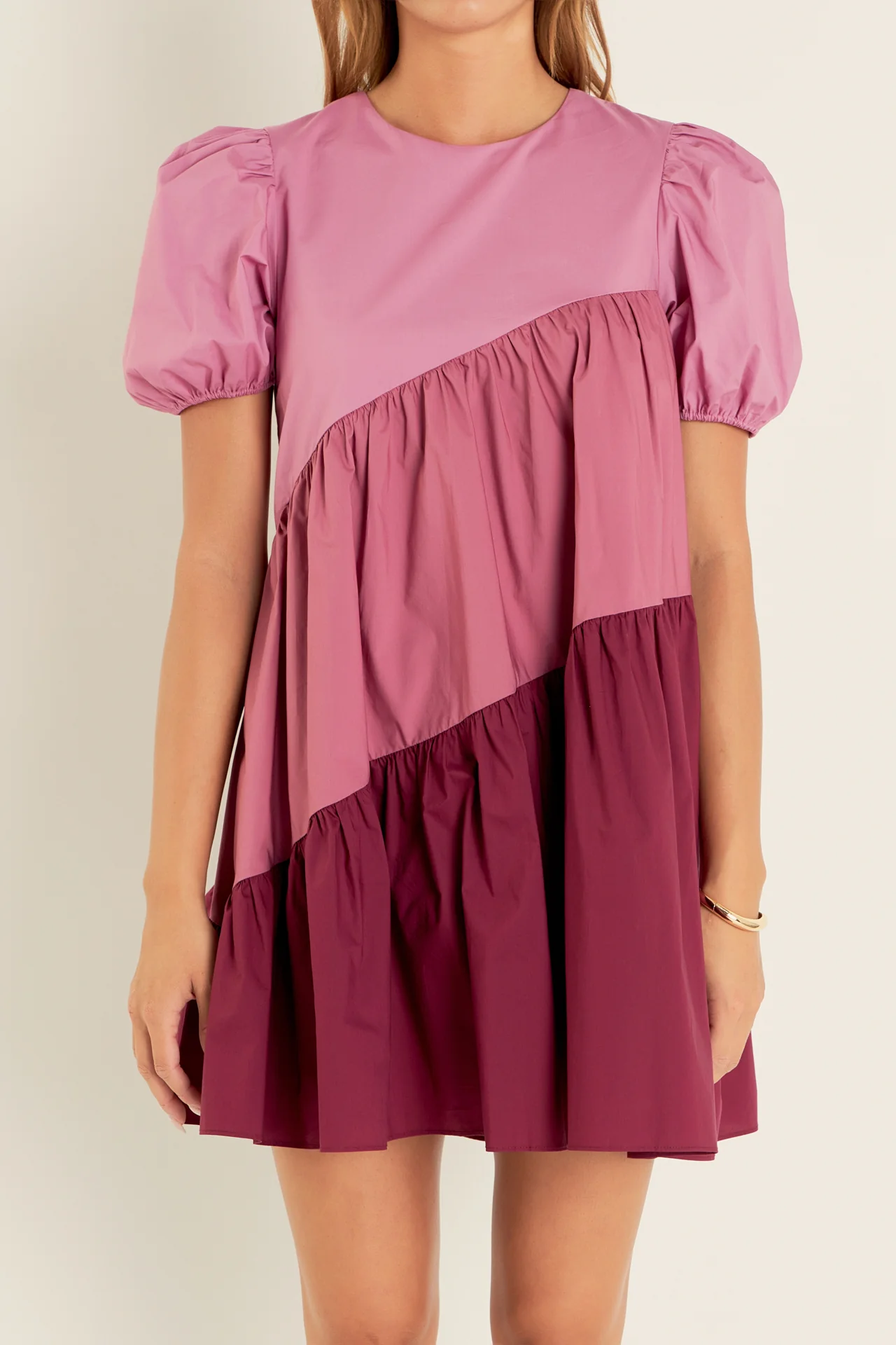 Asymmetrical Colorblock Puff Sleeve Dress - Image 2
