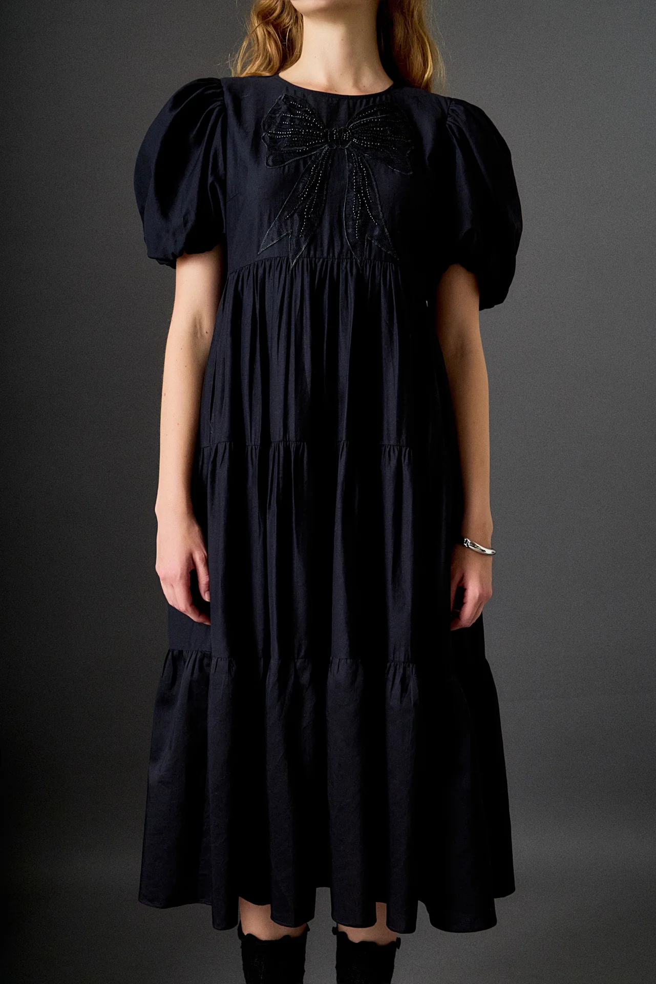 Bow Puff Sleeve Midi Dress - Image 2