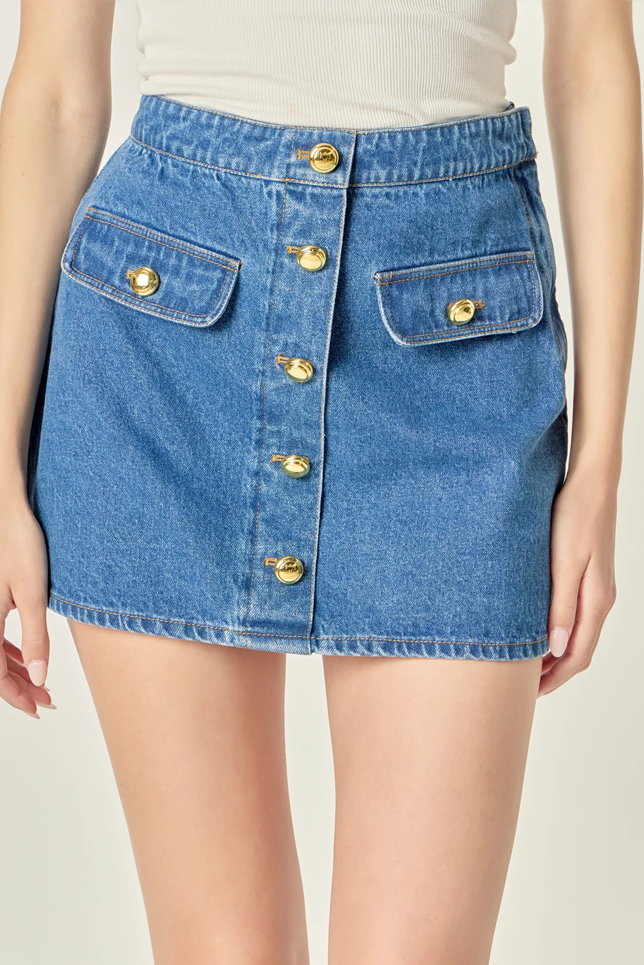 Gold Button Denim Mini Skirt - Image 2