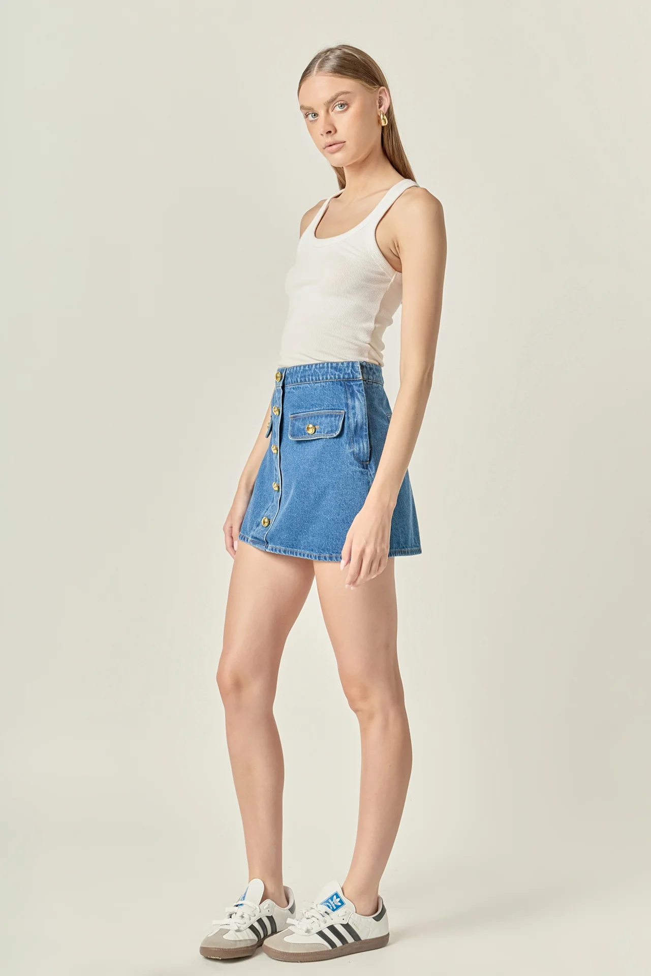 Gold Button Denim Mini Skirt - Image 3