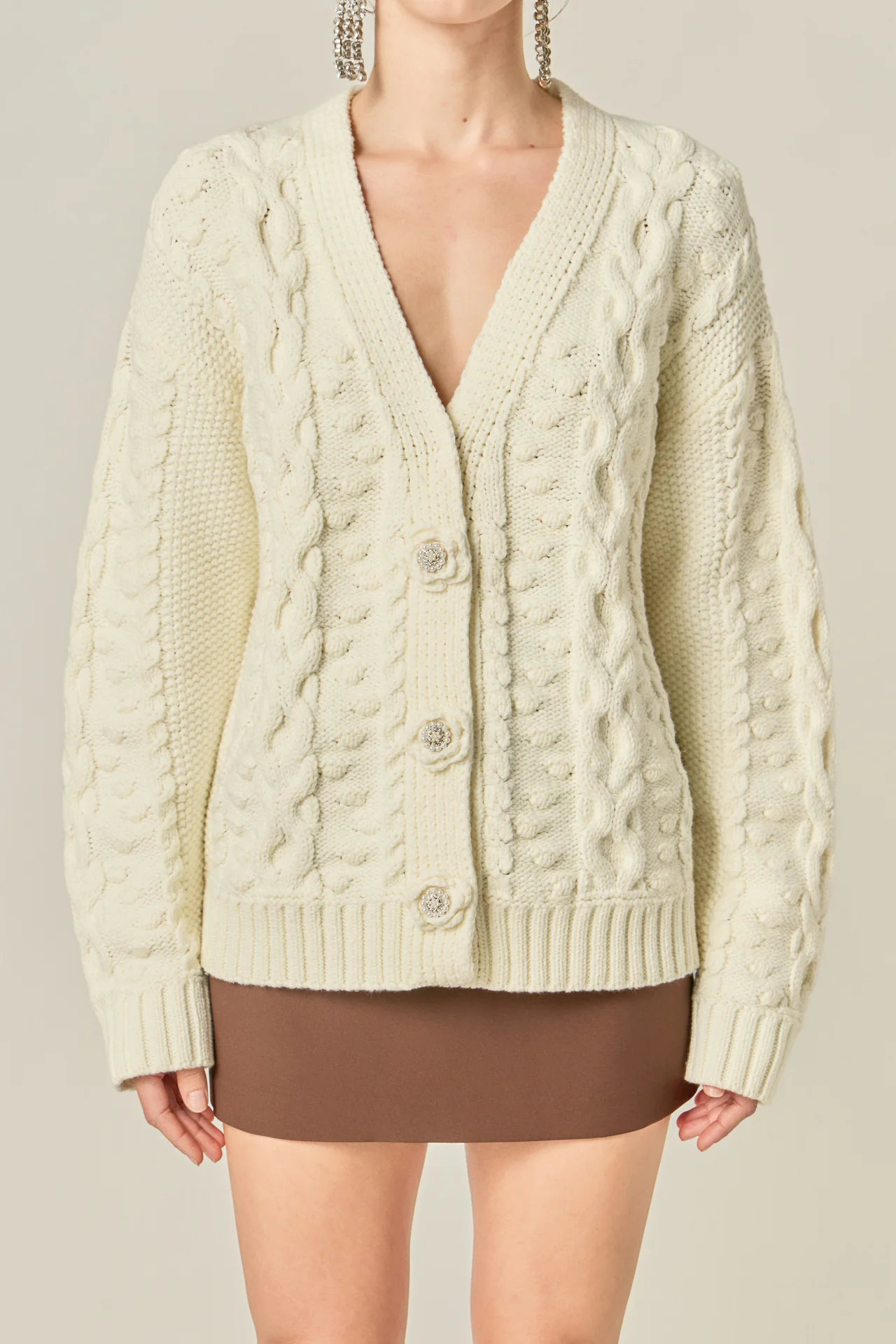 Cable Knit Cardigan with Flower Detail - Image 2