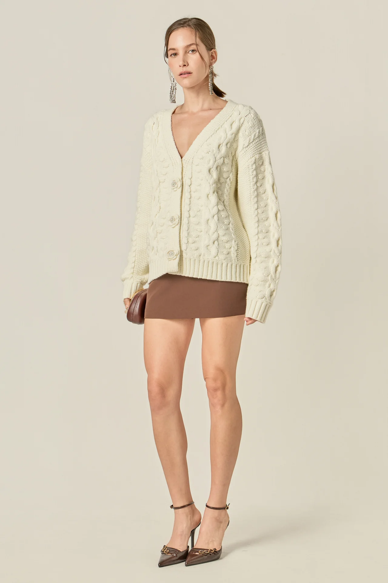 Cable Knit Cardigan with Flower Detail - Image 3