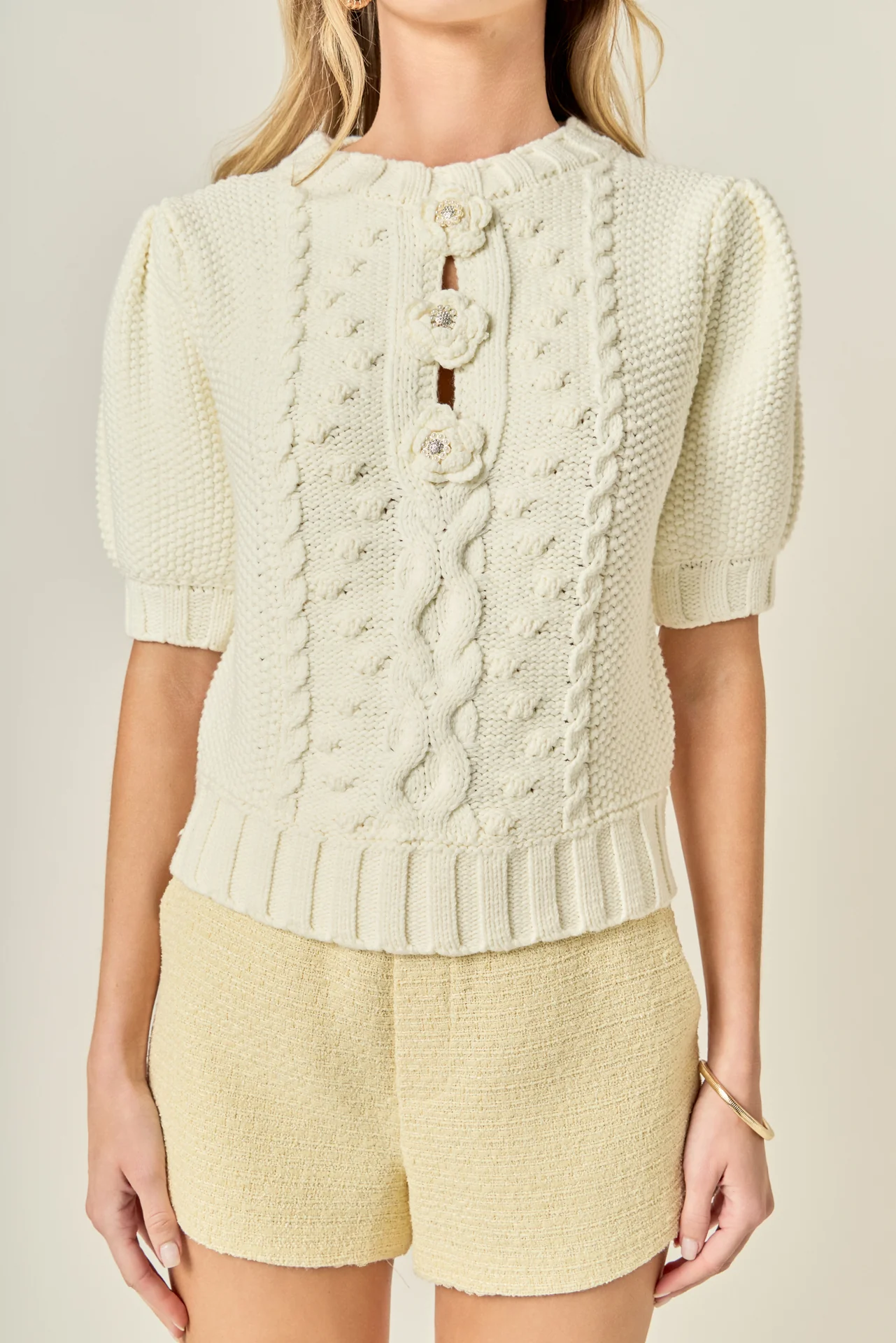 Cable Puff Sleeve Knit with Flower Details - Image 2