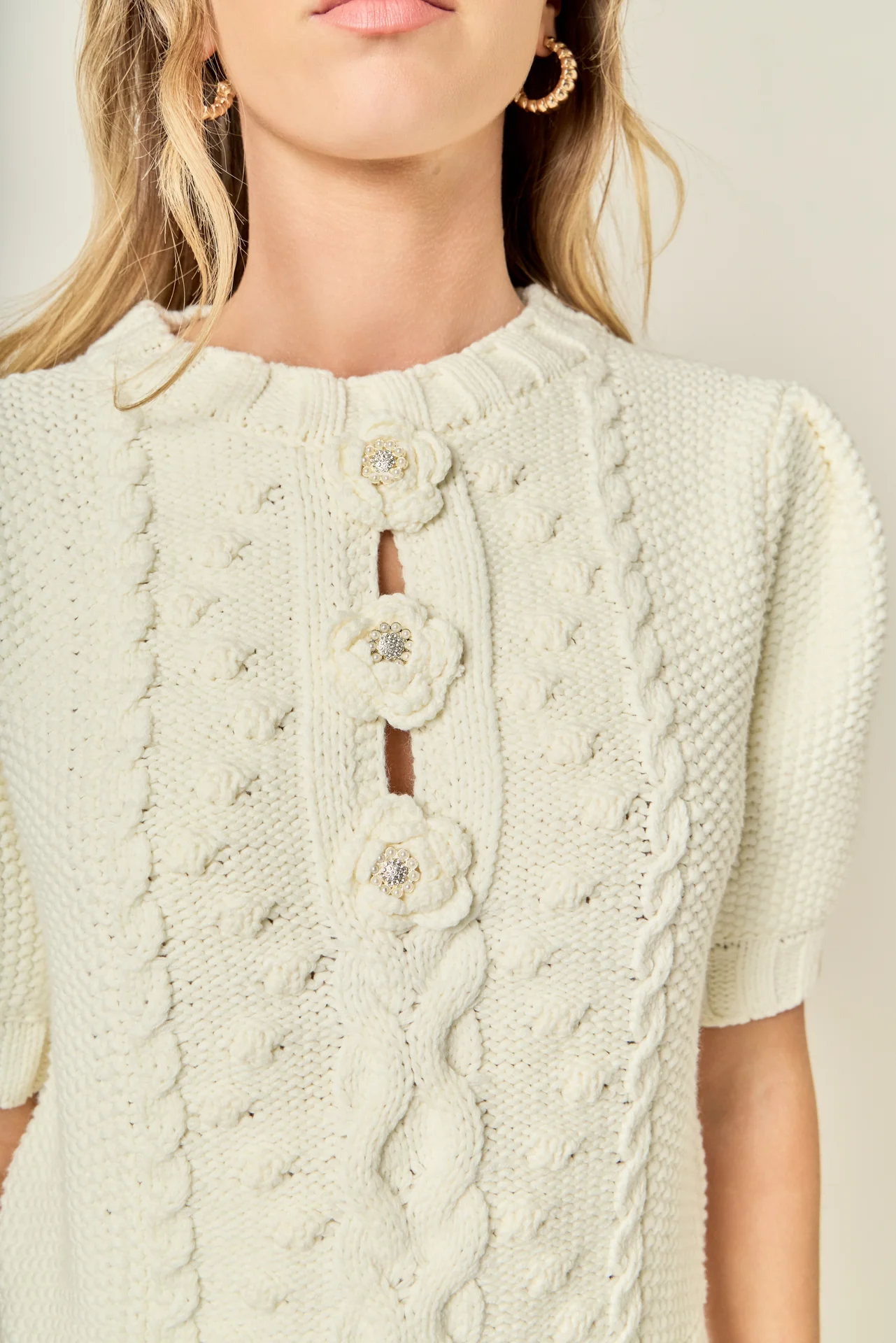 Cable Puff Sleeve Knit with Flower Details - Image 3