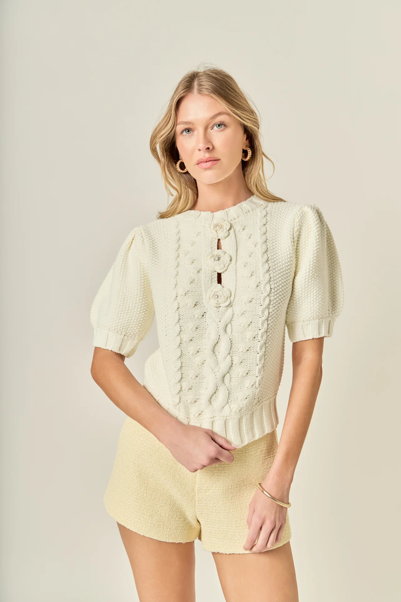 Cable Puff Sleeve Knit with Flower Details - Image 6