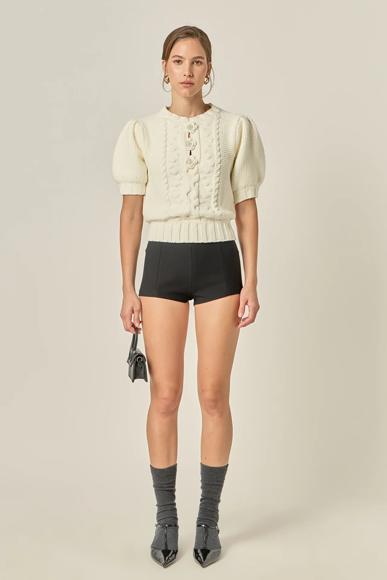 Cable Puff Sleeve Knit with Flower Details - Image 7