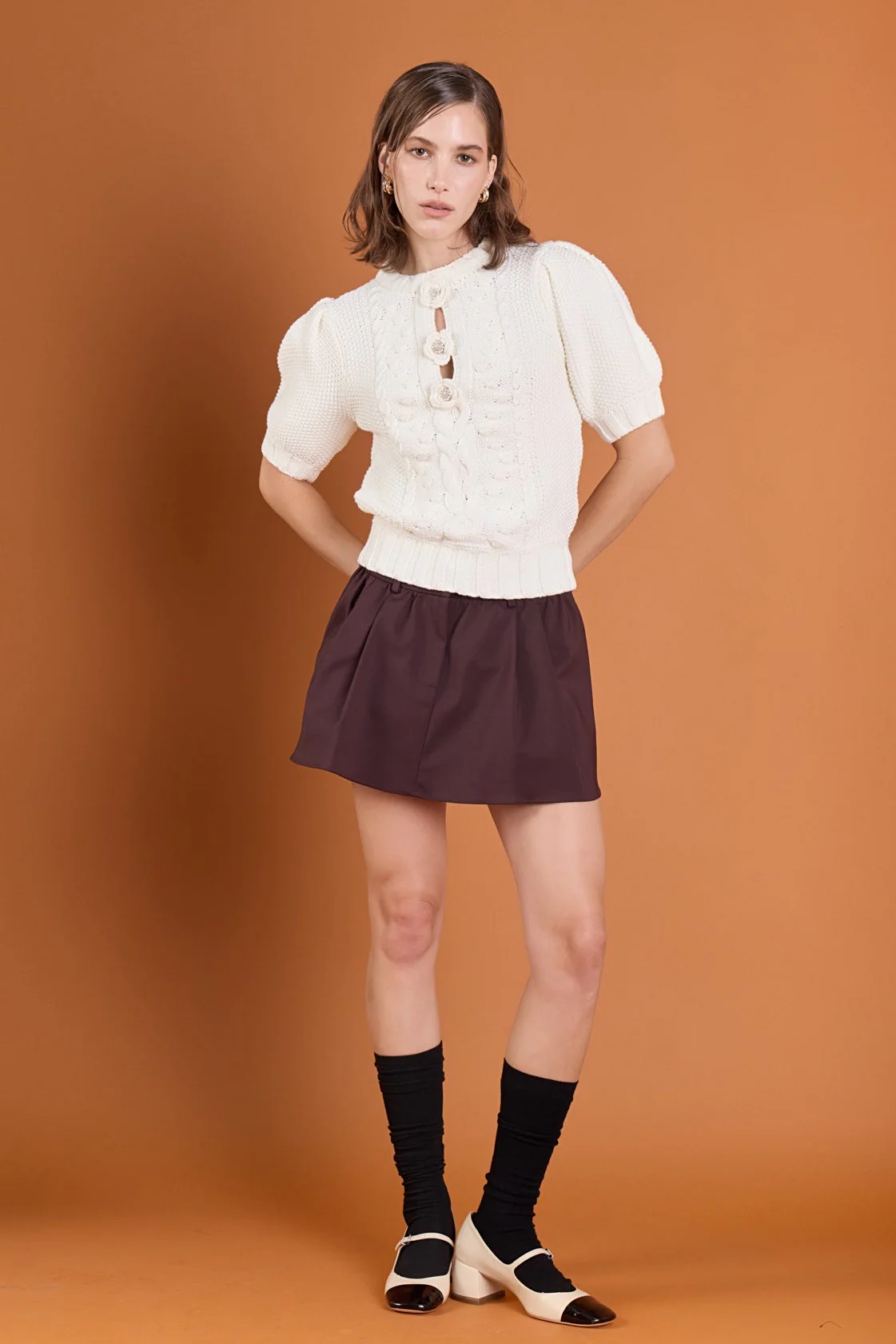 Cable Puff Sleeve Knit with Flower Details - Image 8