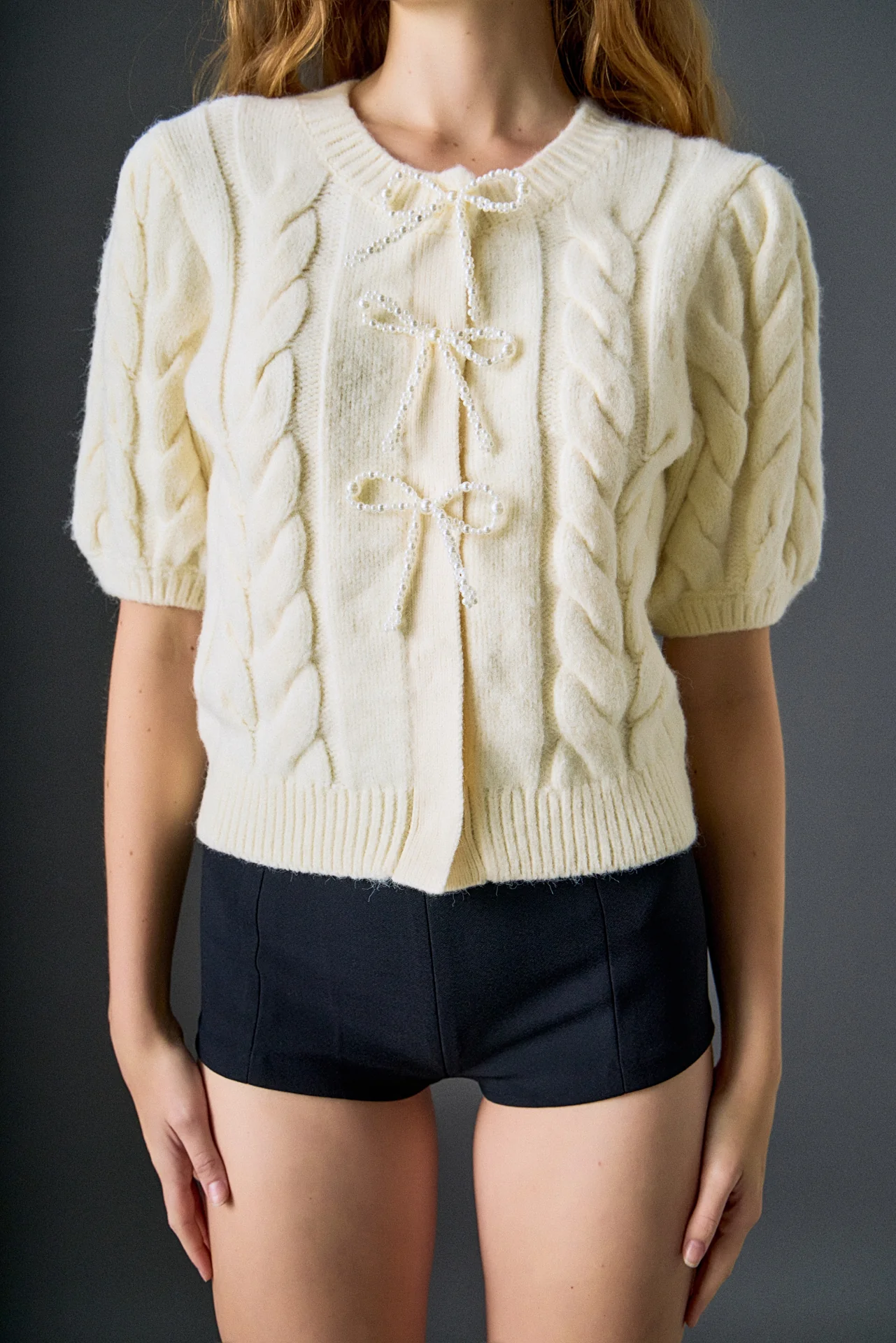 Pearl Bow Cable Knit Cardigan - Image 2