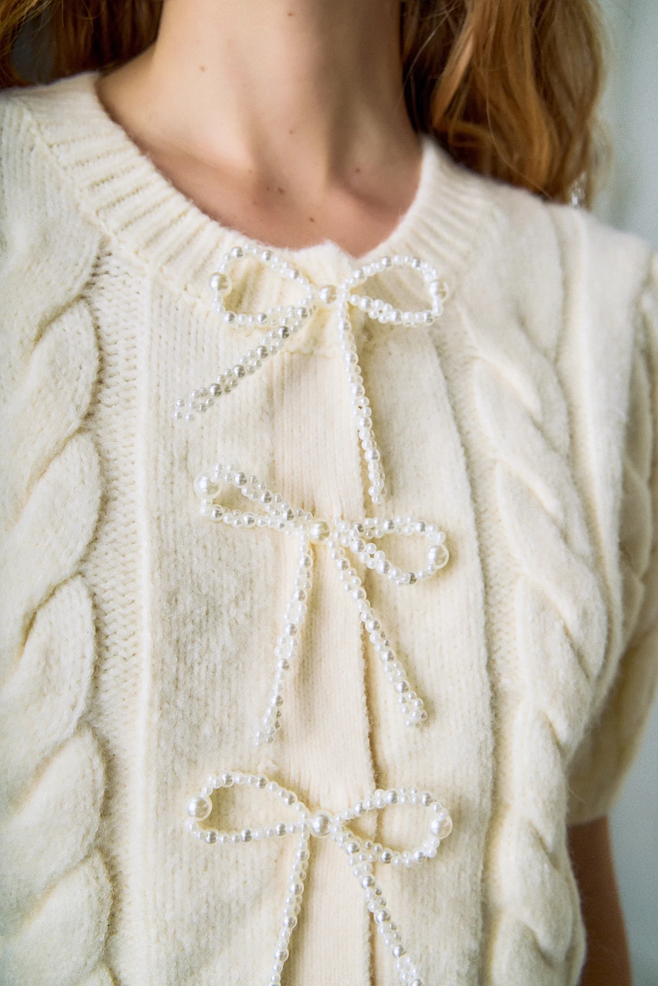Pearl Bow Cable Knit Cardigan - Image 3