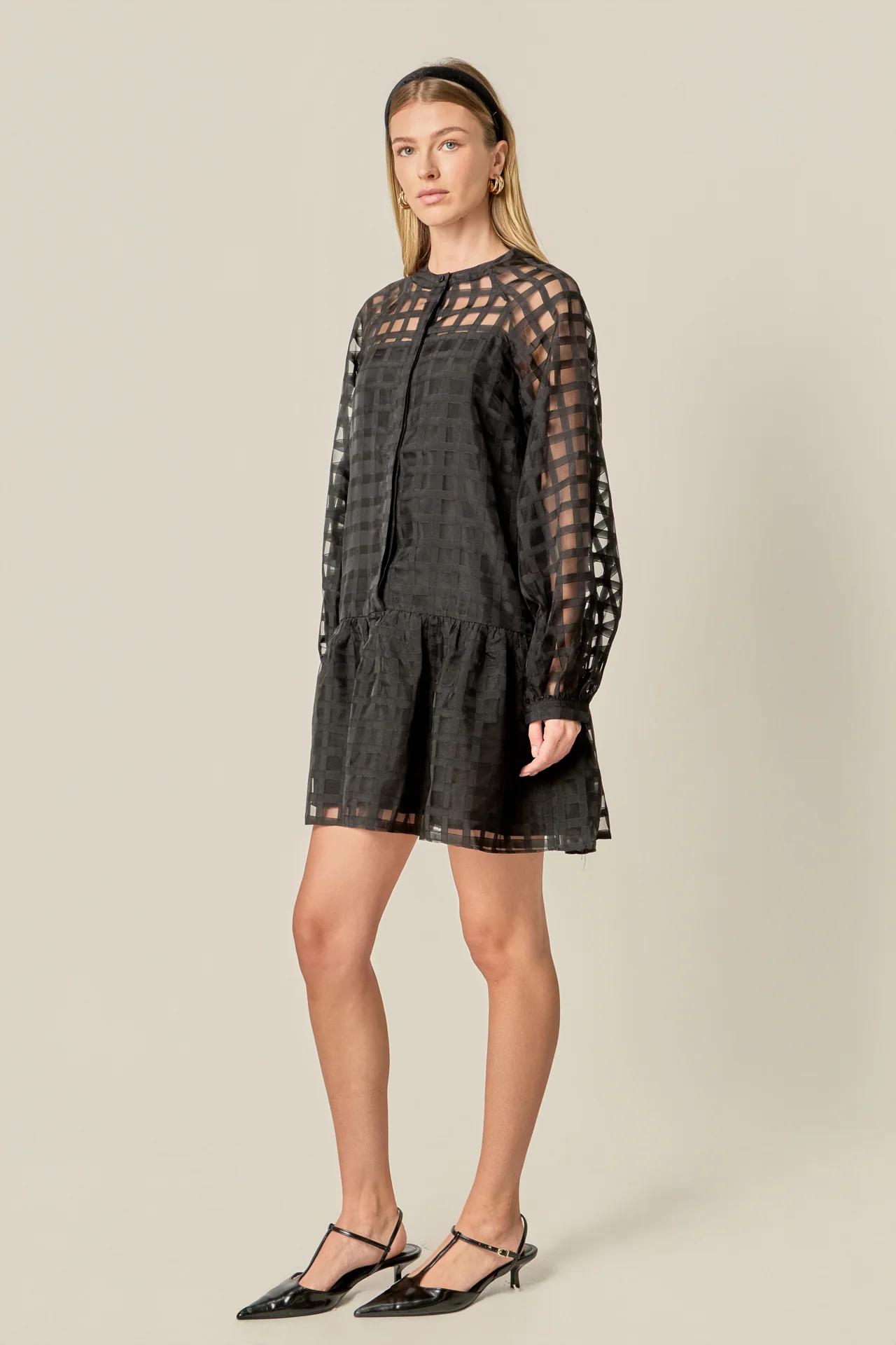 Sheer Checkered Organza Long Sleeve Mini Dress - Image 2