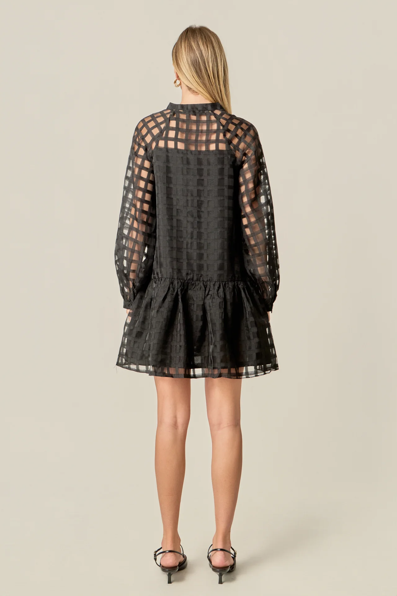 Sheer Checkered Organza Long Sleeve Mini Dress - Image 4