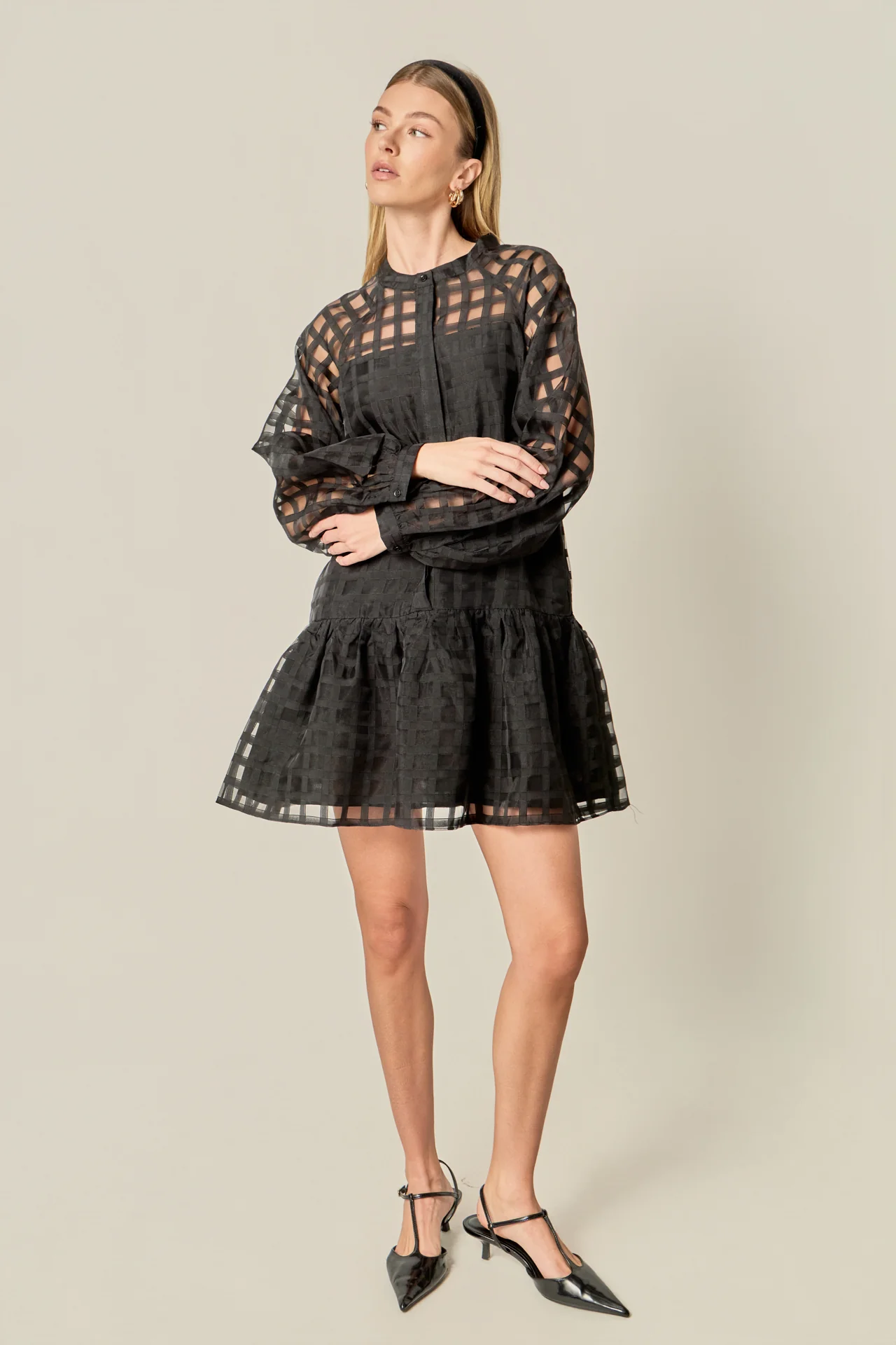 Sheer Checkered Organza Long Sleeve Mini Dress - Image 5