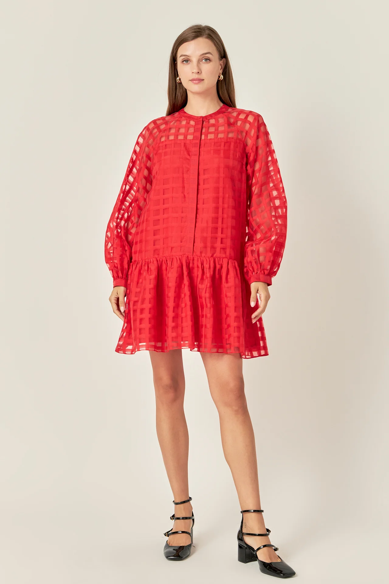 Sheer Checkered Organza Long Sleeve Mini Dress - Image 6