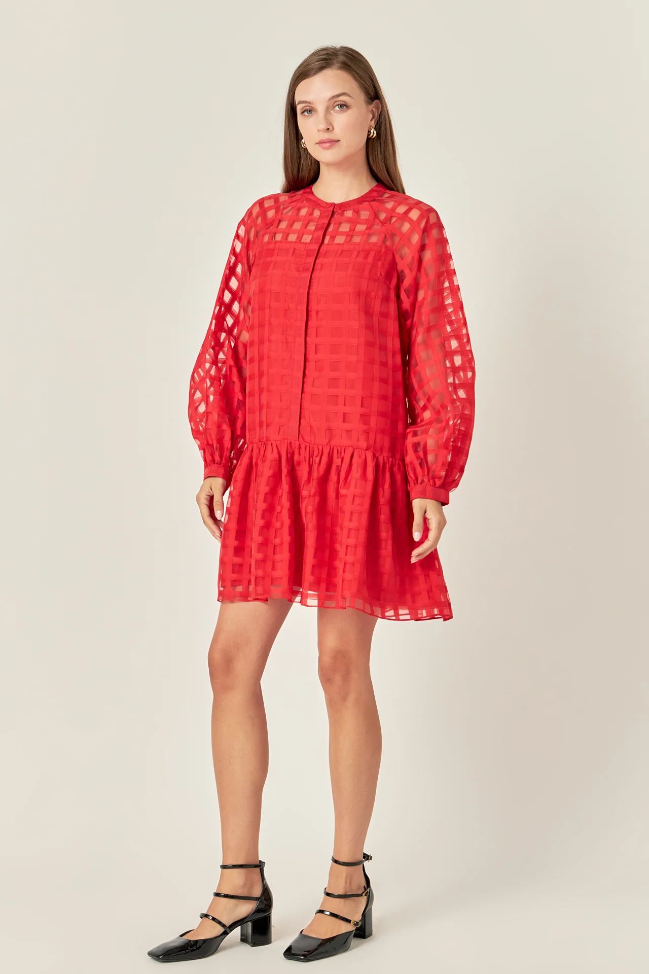 Sheer Checkered Organza Long Sleeve Mini Dress - Image 8