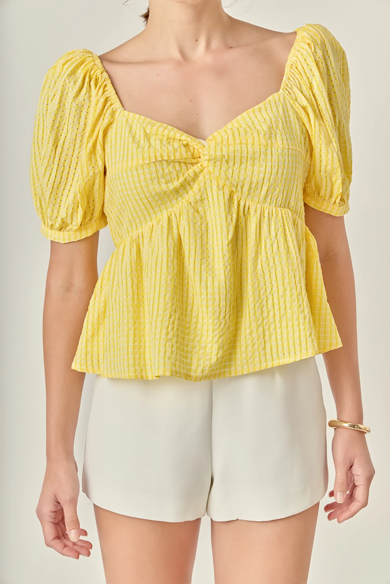 Check Print Puff Sleeve Top - Image 2