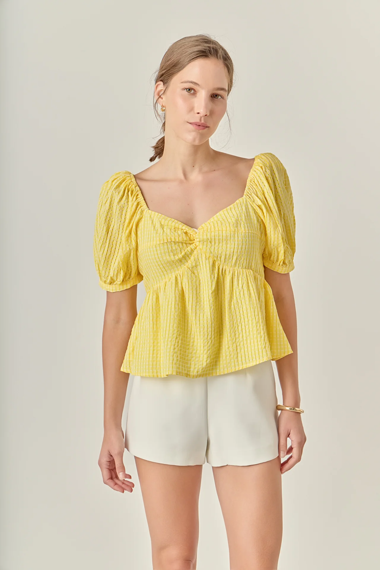 Check Print Puff Sleeve Top - Image 5