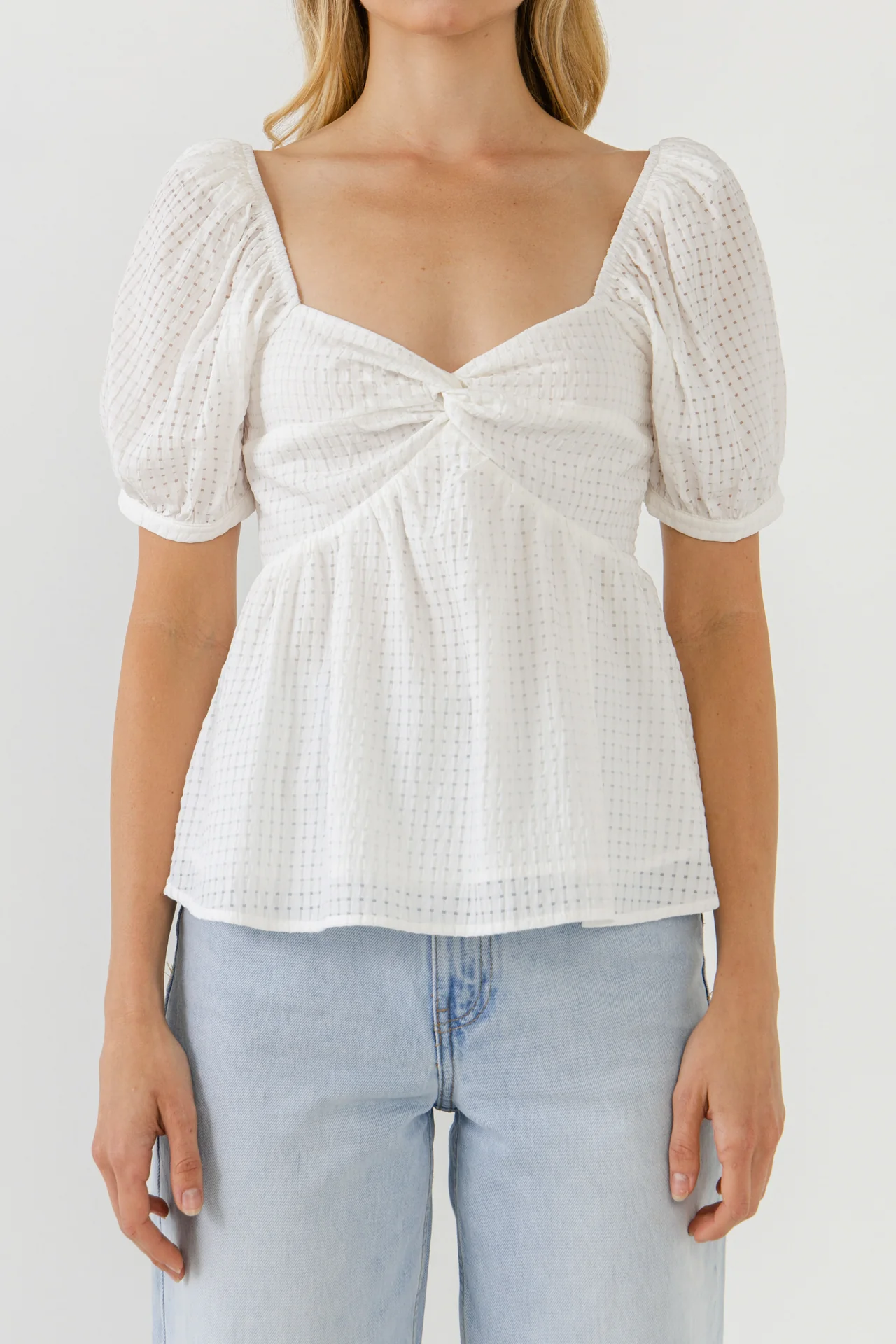 Check Print Puff Sleeve Top - Image 7