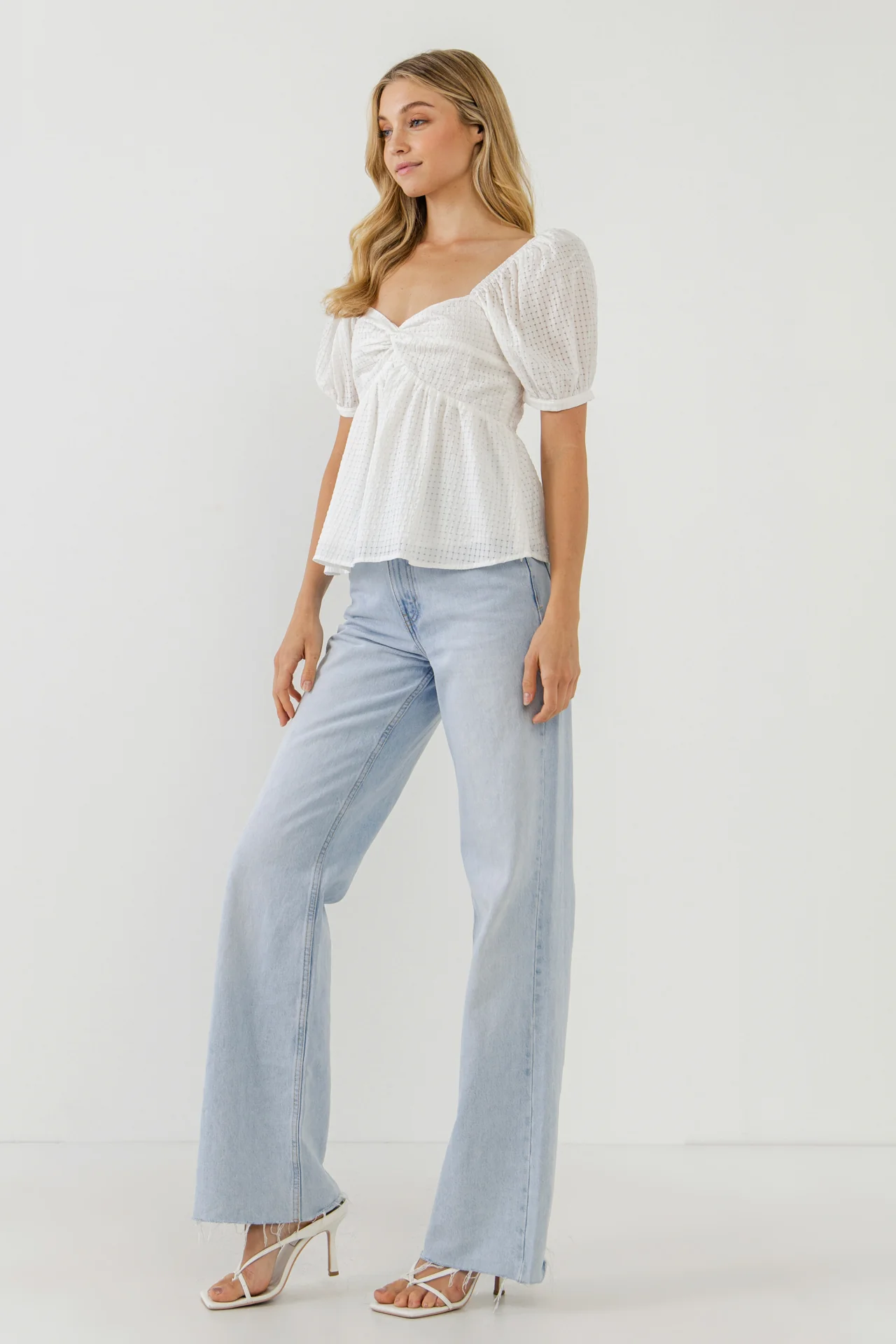 Check Print Puff Sleeve Top - Image 8