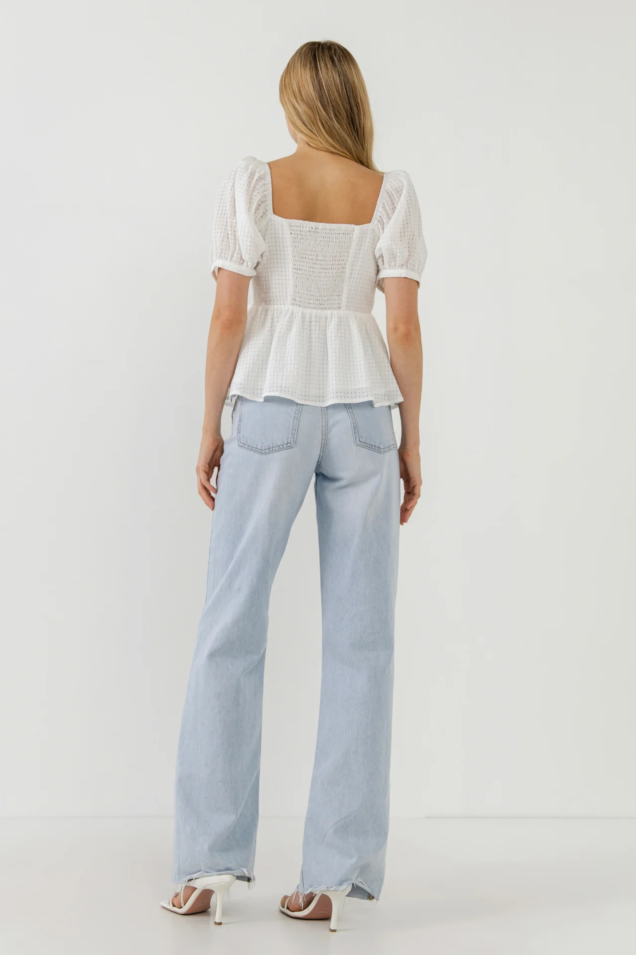Check Print Puff Sleeve Top - Image 9