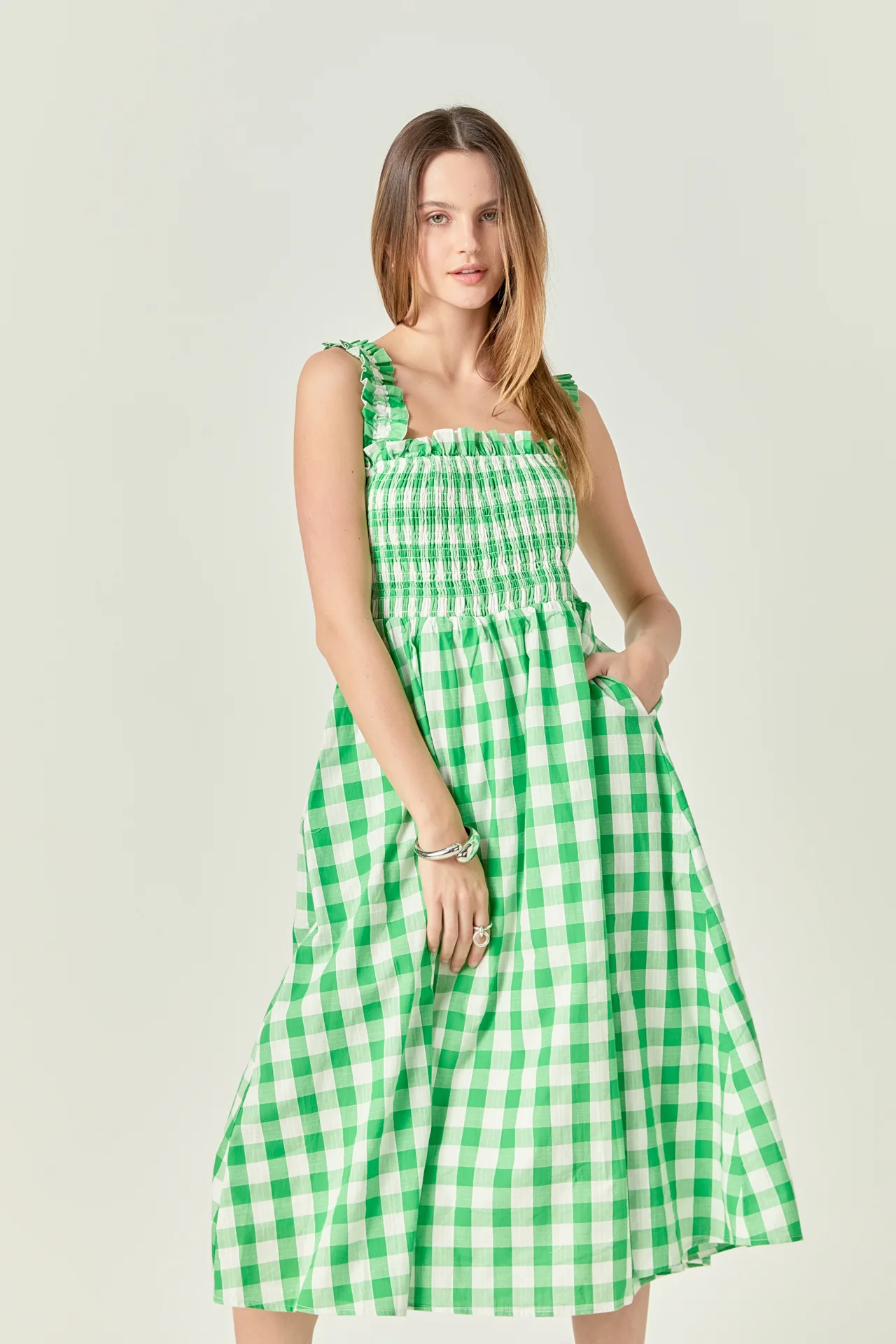 Check Print Smocked Dress - Image 5