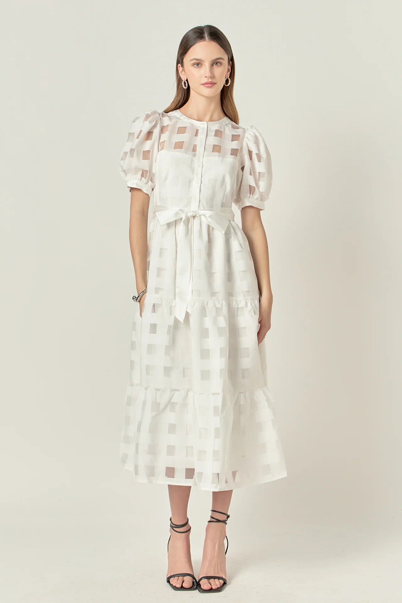 Check Puff Sleeve Midi Dress - Image 7