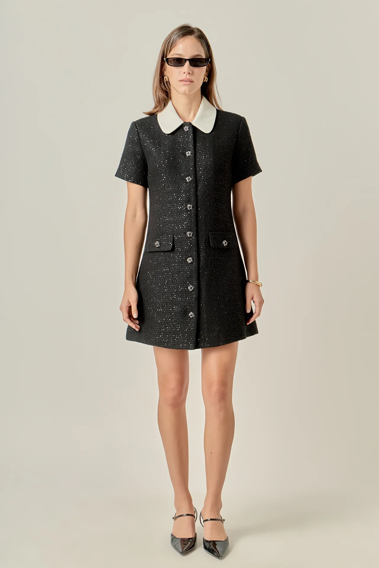 Collar Pointed Tweed Mini Dress - Image 3
