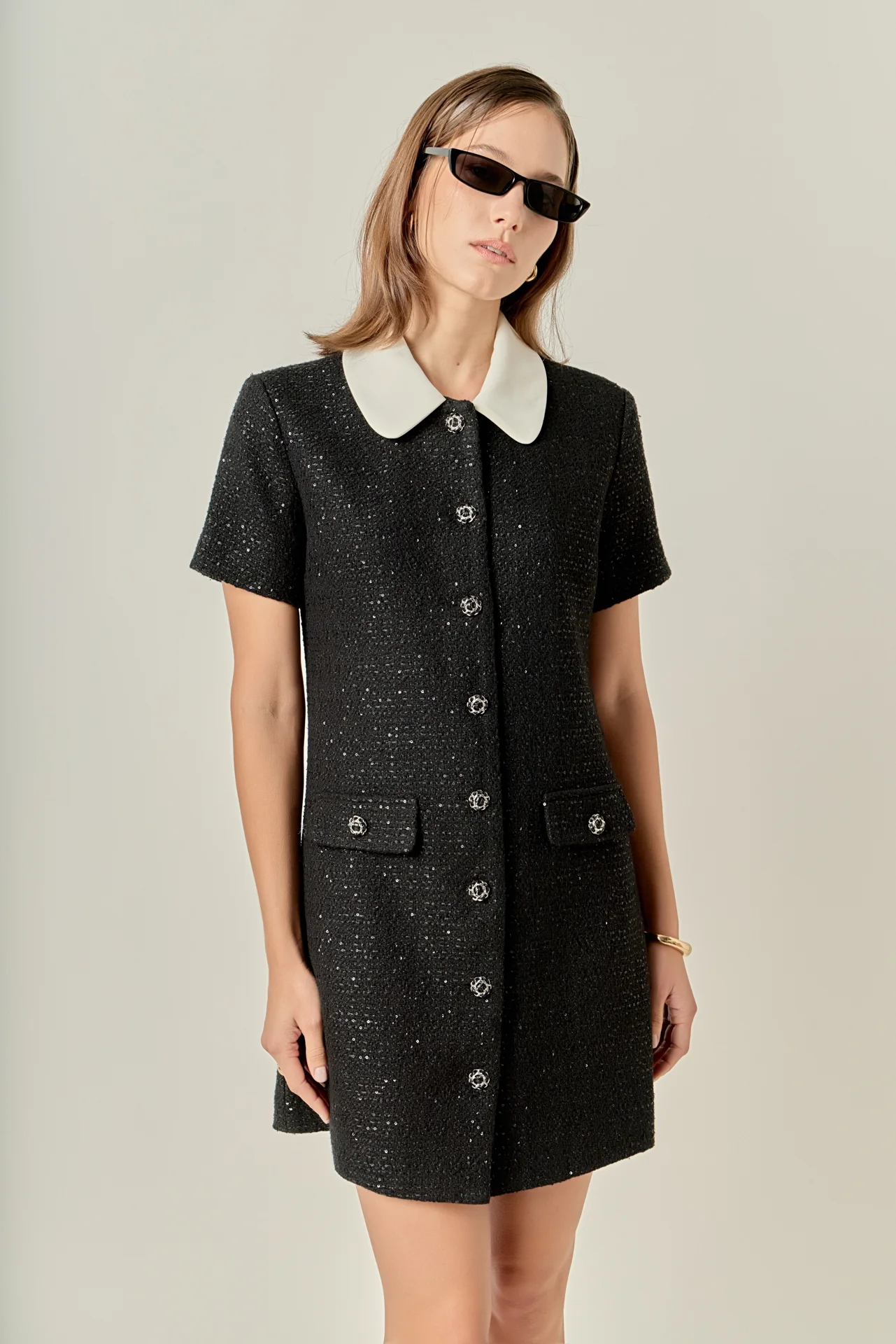 Collar Pointed Tweed Mini Dress - Image 5