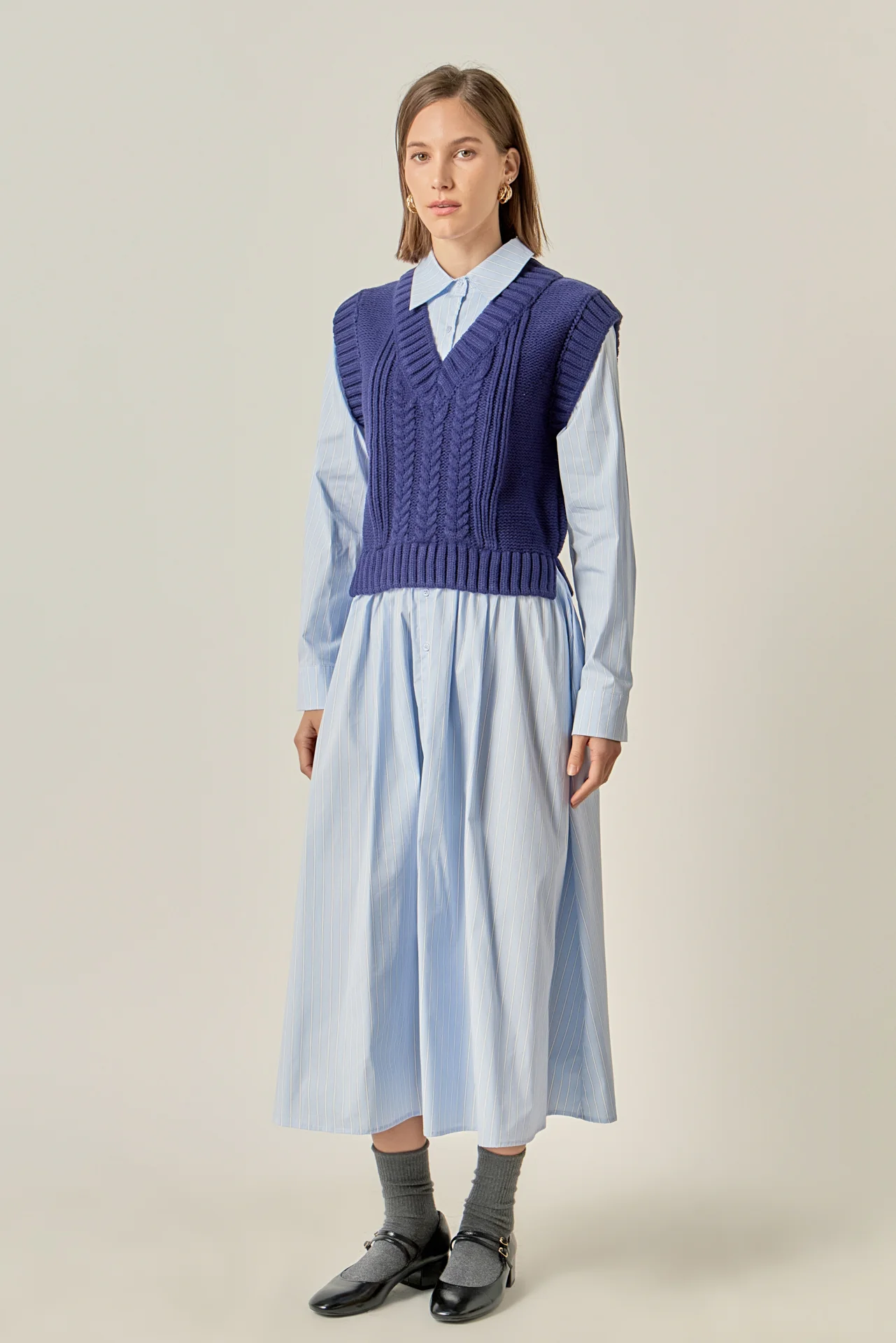 Collared Mixed Media Midi Dress - Image 3
