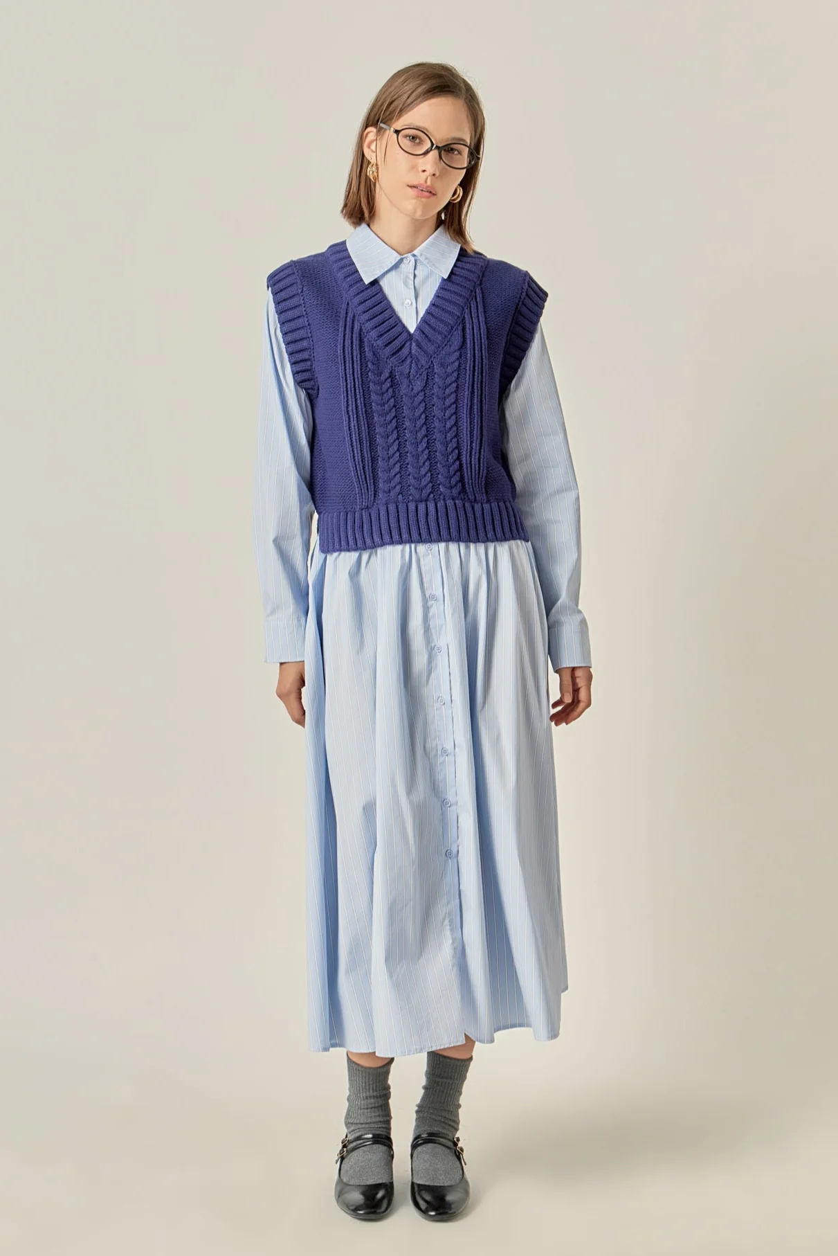 Collared Mixed Media Midi Dress - Image 5