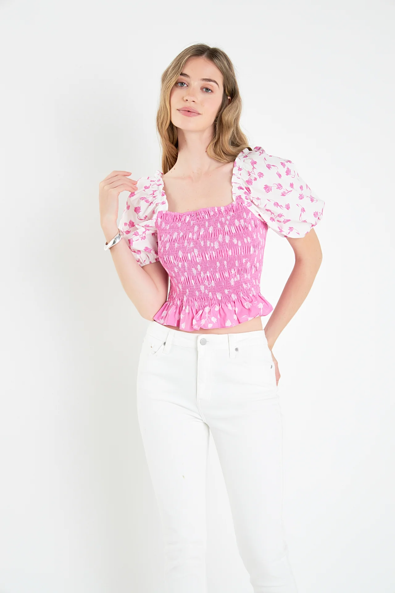 Contrast Floral Smocked Top - Image 4