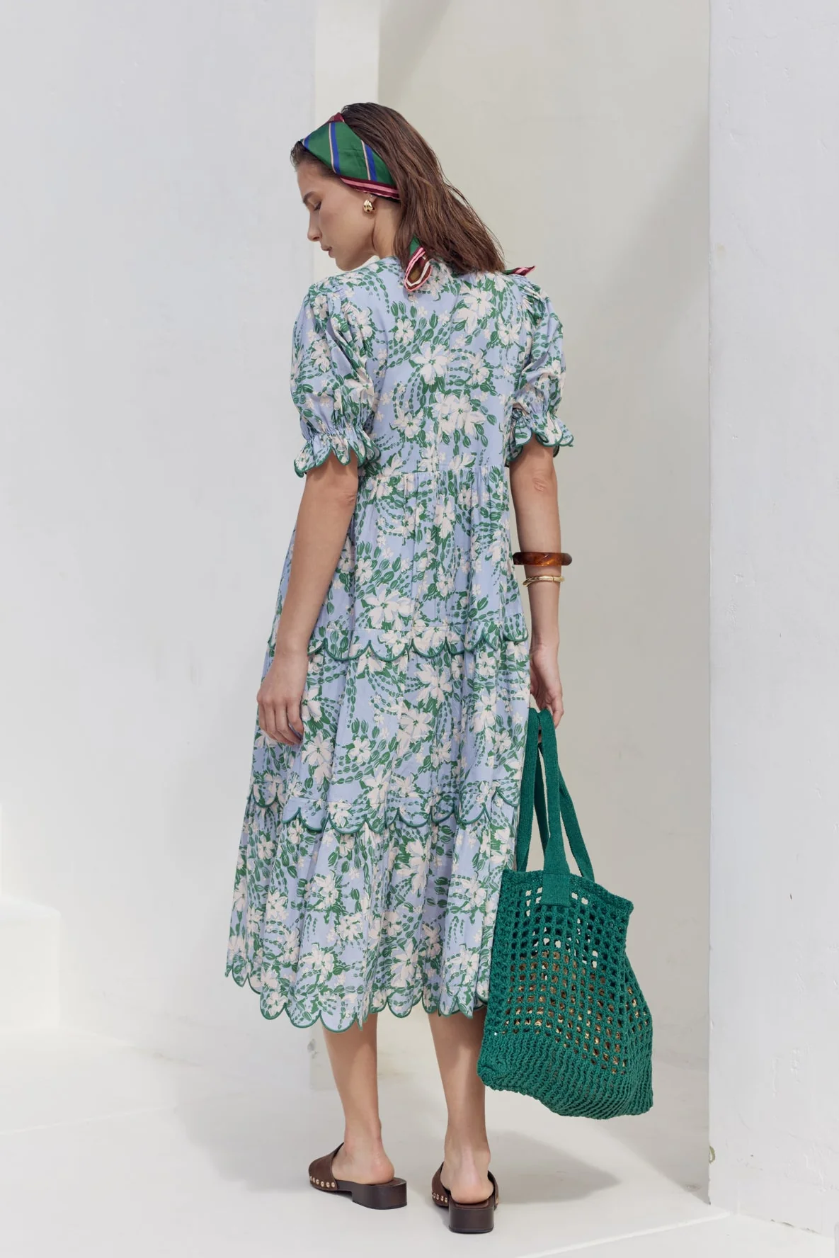 Floral Scallop Edge Puff Sleeve Midi Dress - Image 4