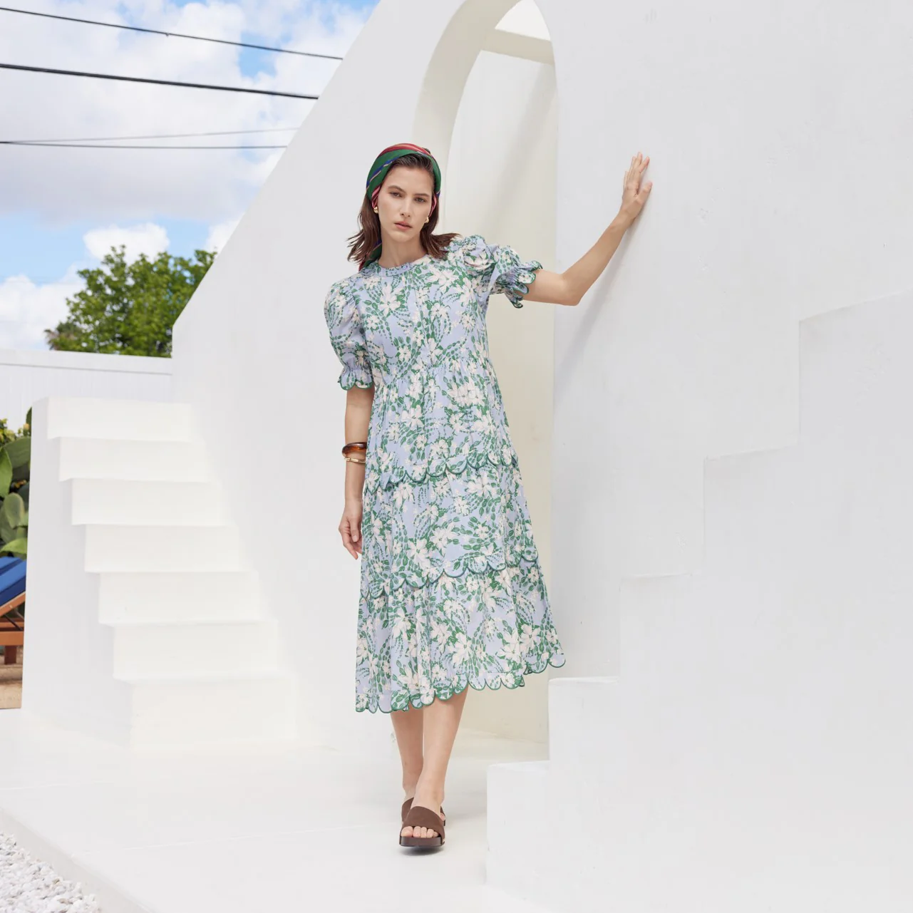 Floral Scallop Edge Puff Sleeve Midi Dress - Image 6