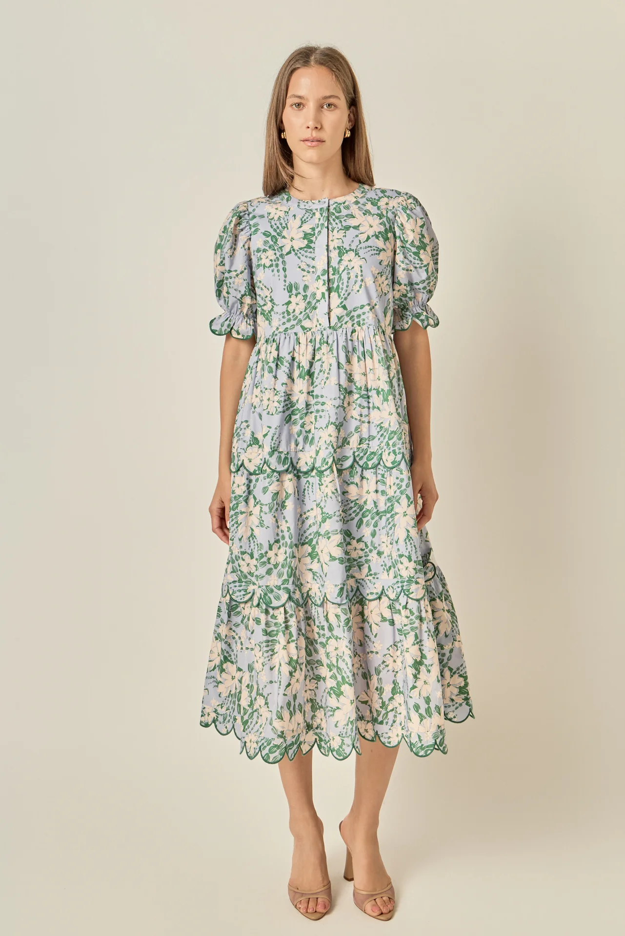 Floral Scallop Edge Puff Sleeve Midi Dress - Image 7