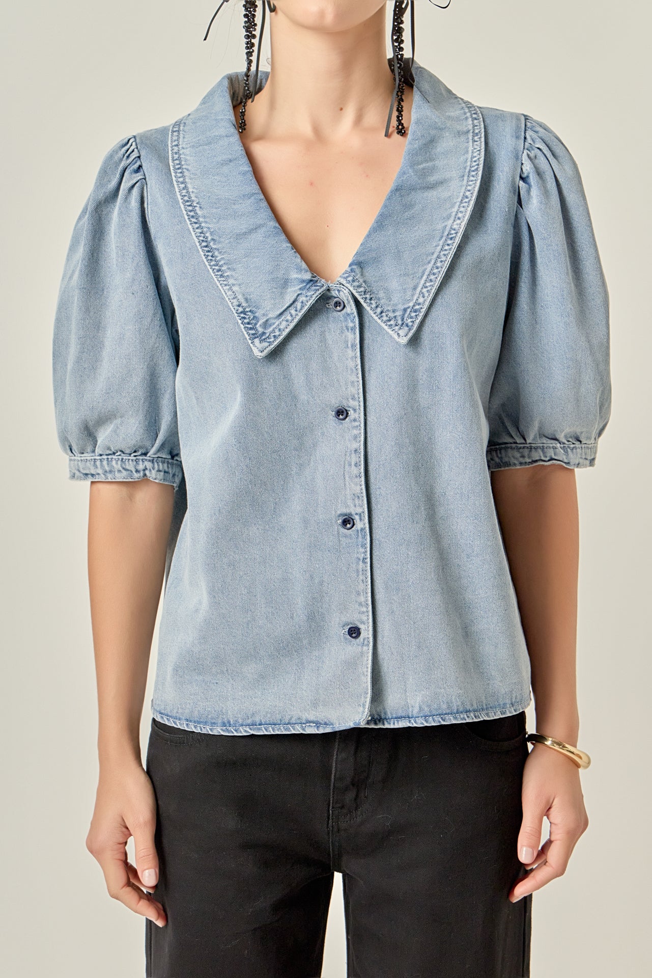 Deep V-Neck Button Up Denim Shirt - Image 2