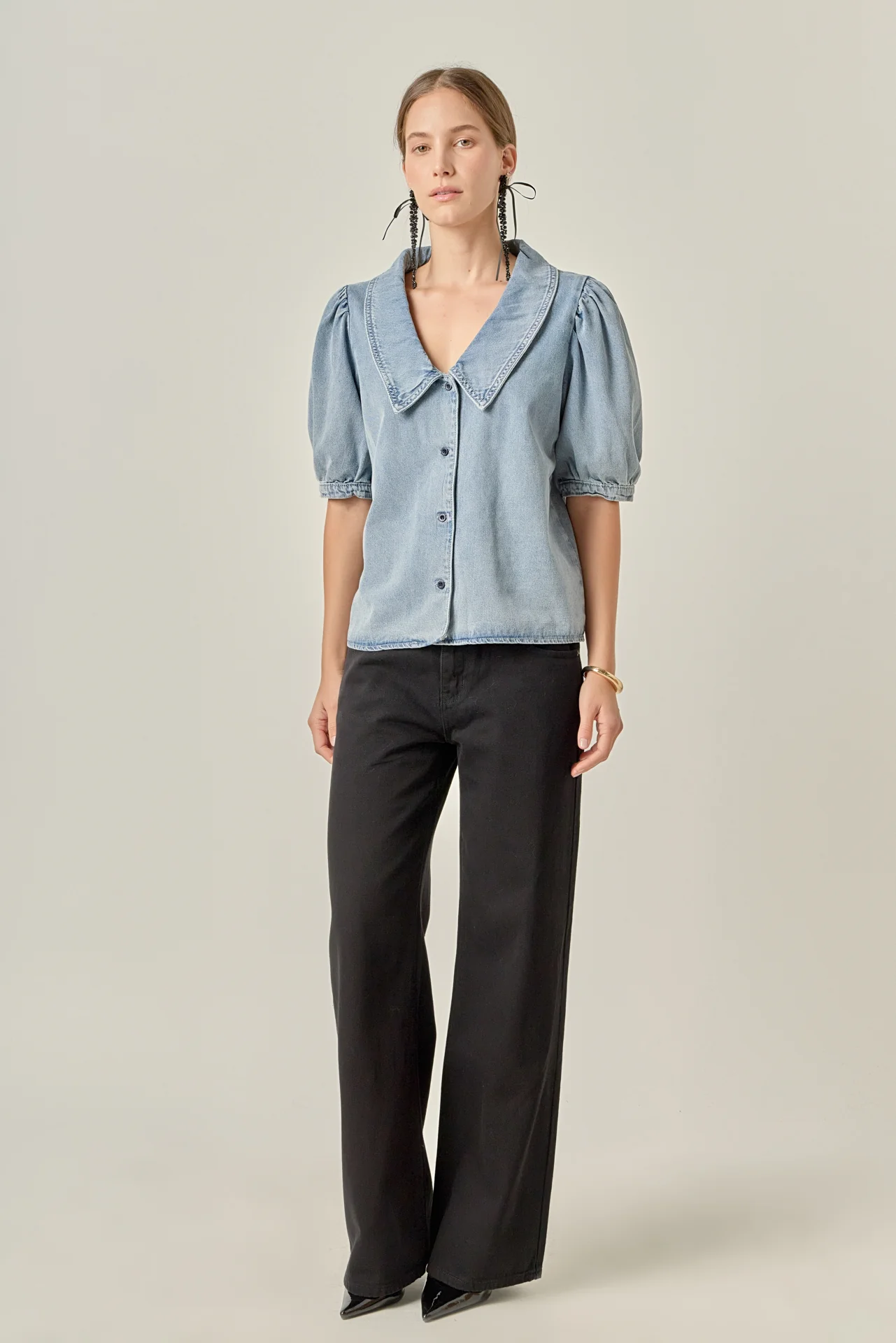 Deep V-Neck Button Up Denim Shirt - Image 3