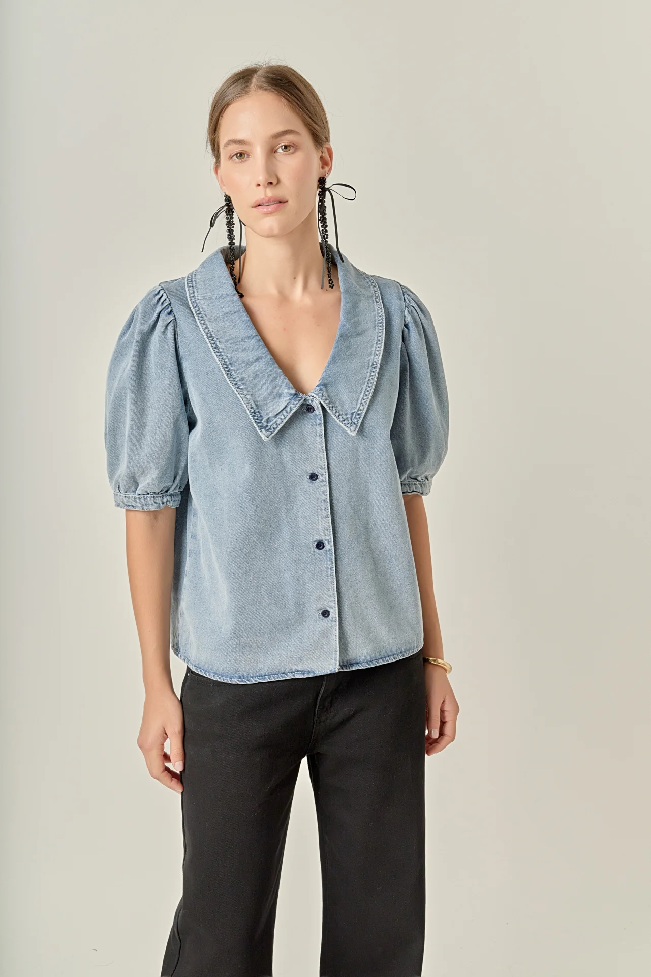 Deep V-Neck Button Up Denim Shirt - Image 5