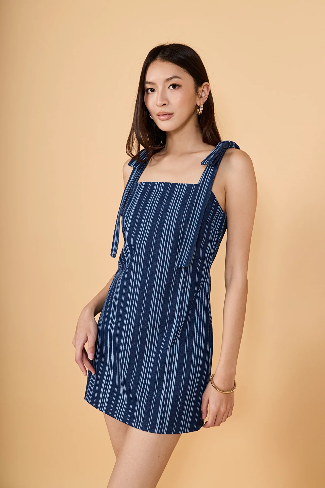 Denim Stripe Bow Shoulder Mini Dress - Image 5