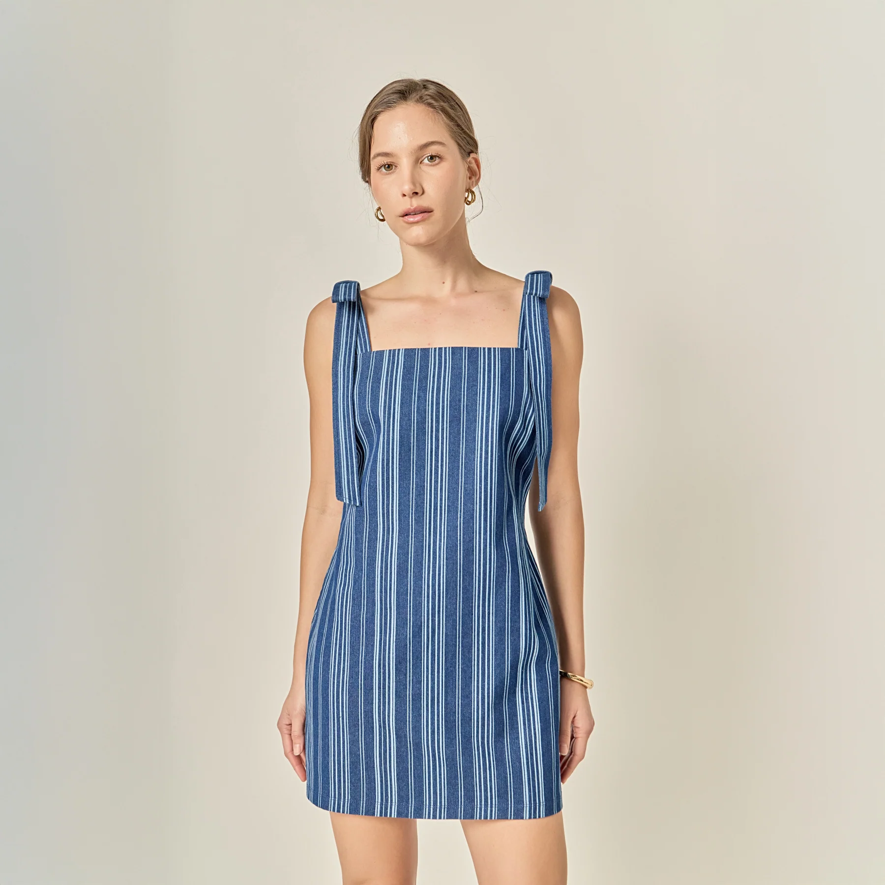 Denim Stripe Bow Shoulder Mini Dress - Image 7