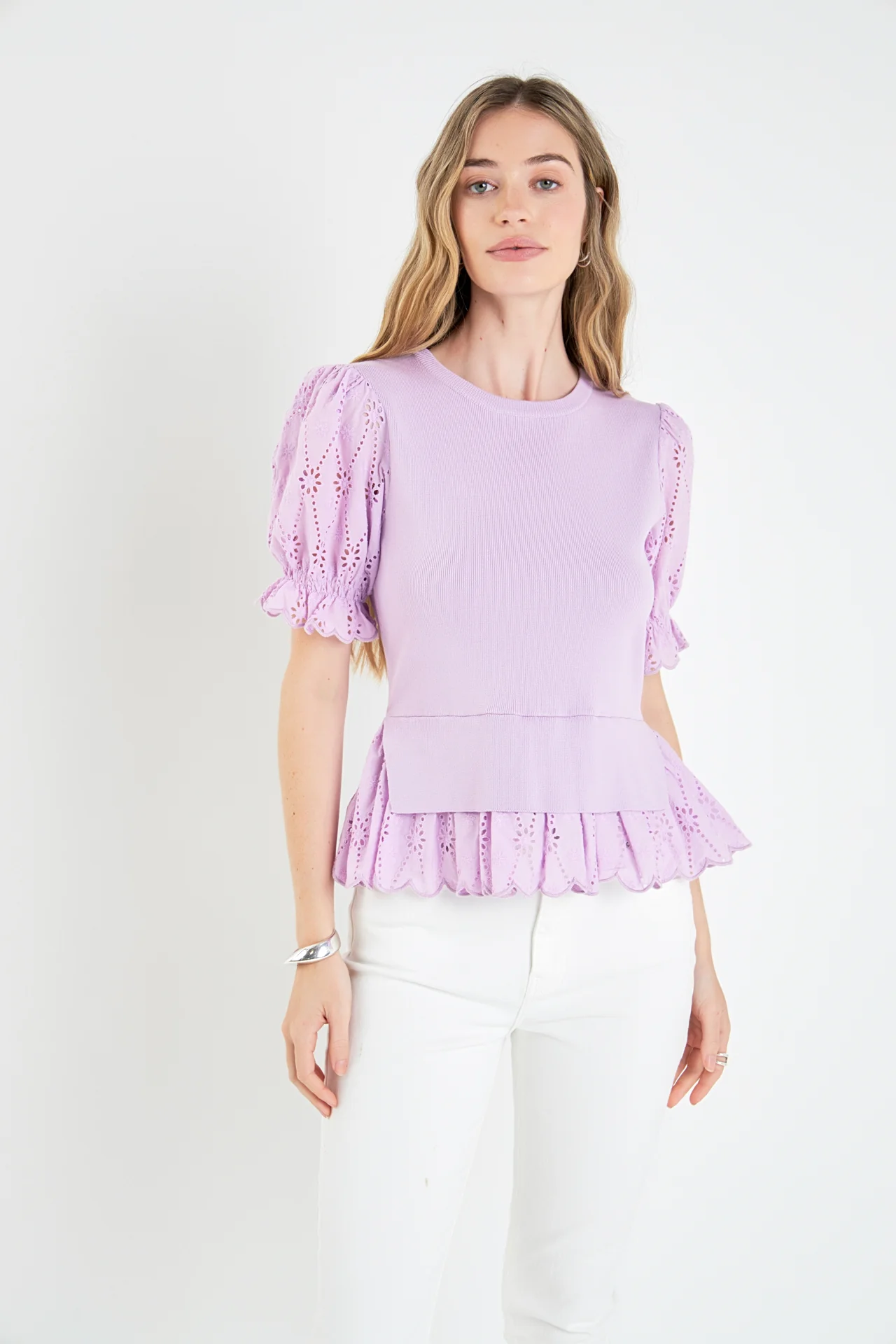 Eyelet Mixed Media Knit Top - Image 12