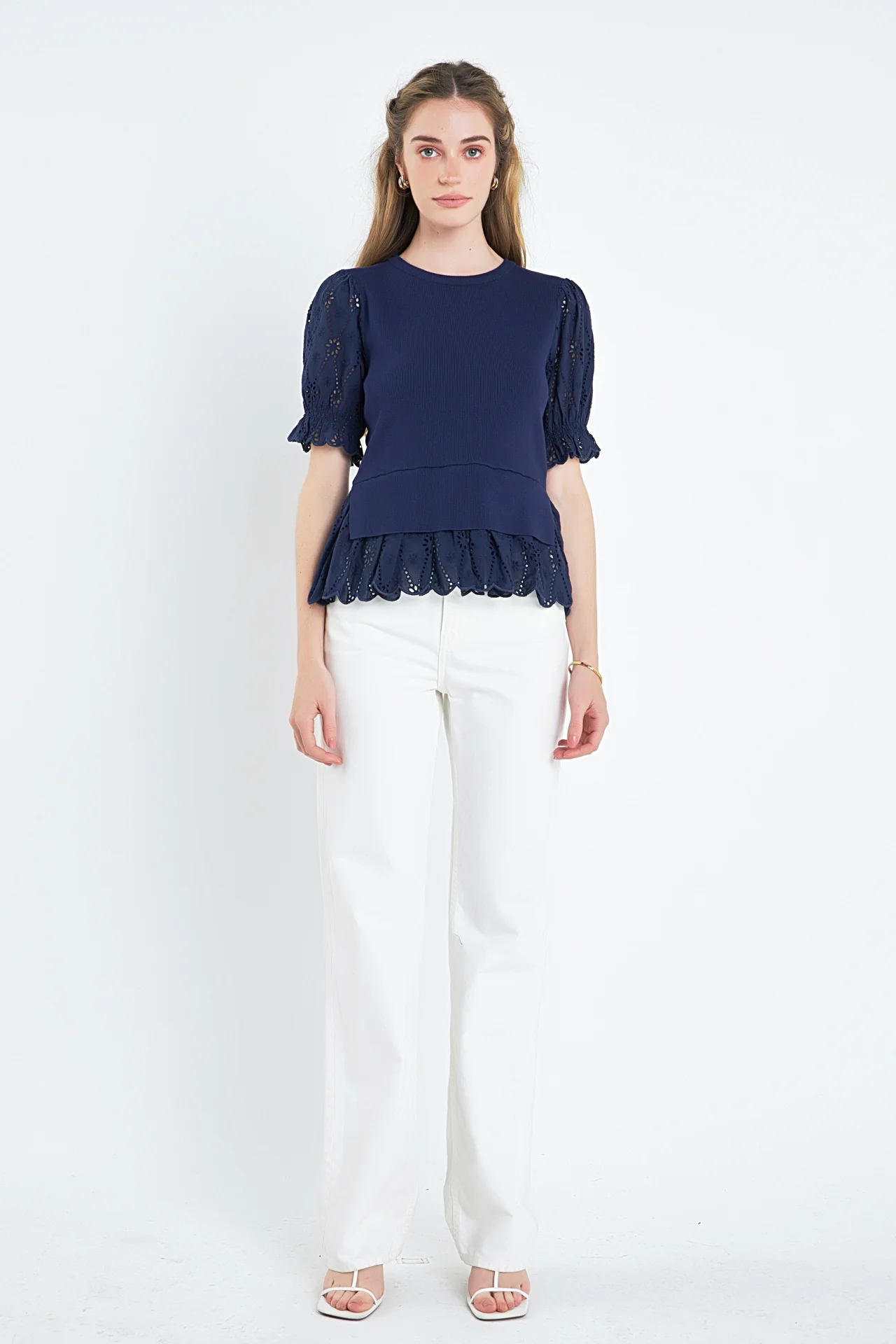 Eyelet Mixed Media Knit Top - Image 13