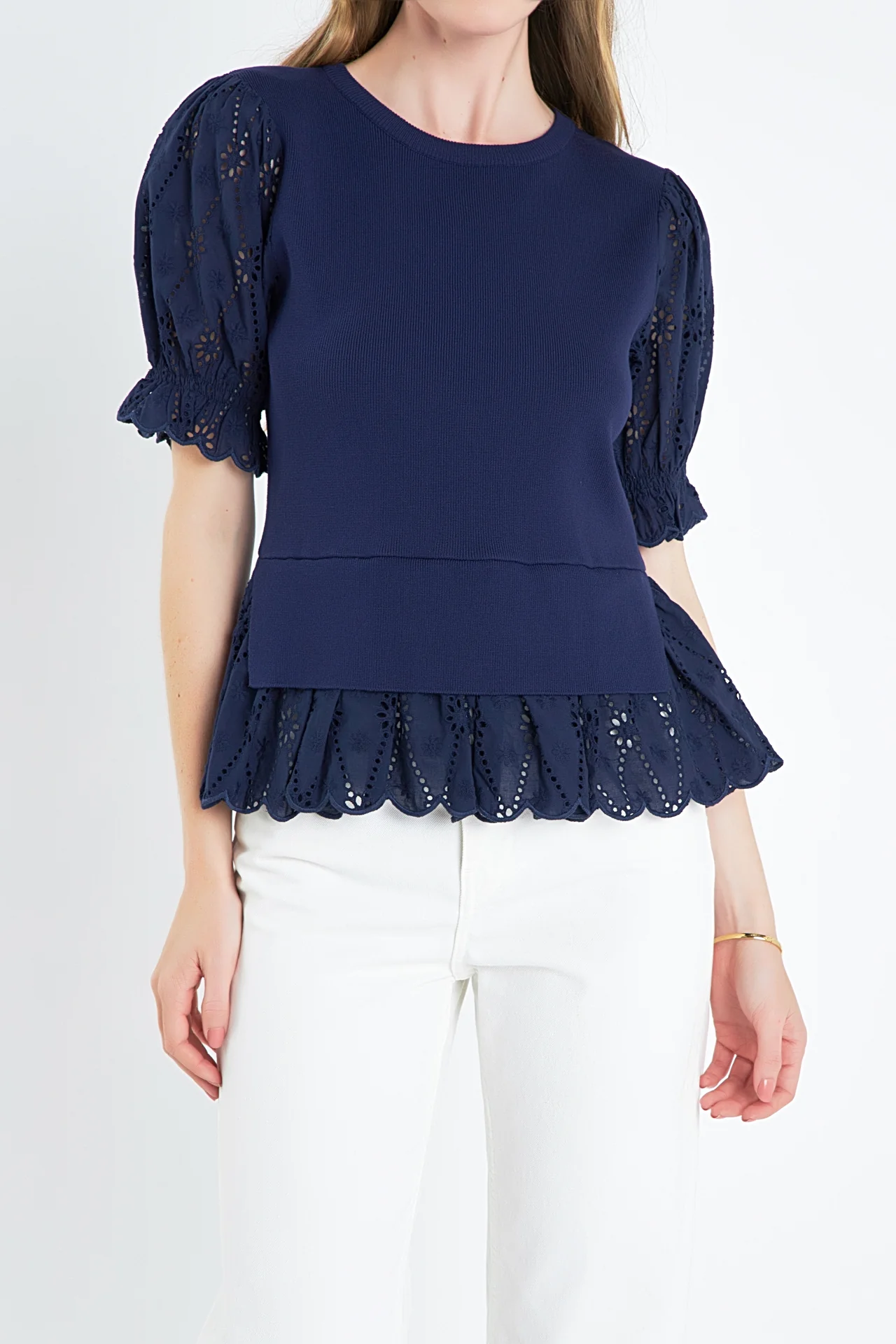 Eyelet Mixed Media Knit Top - Image 14