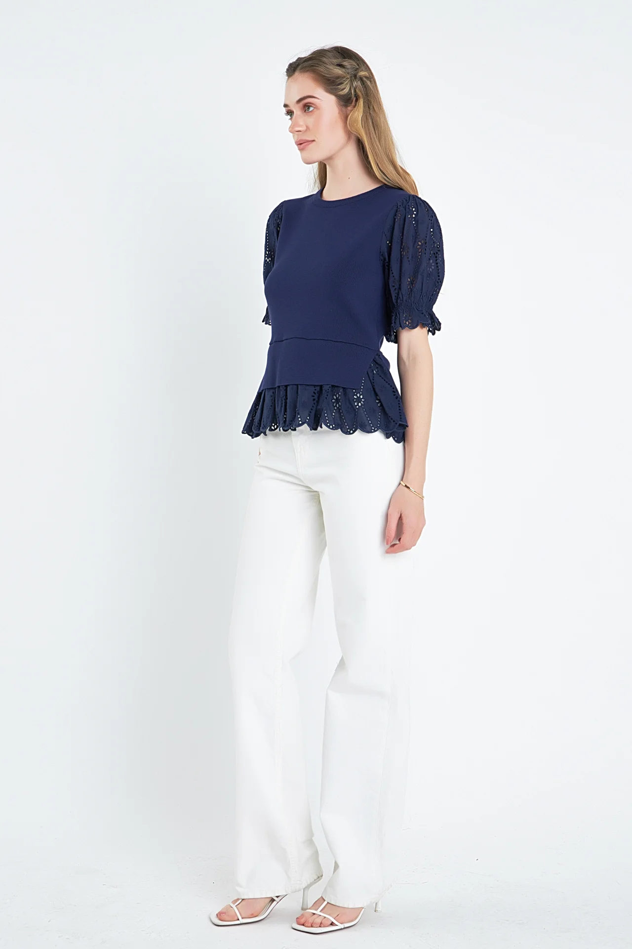 Eyelet Mixed Media Knit Top - Image 15