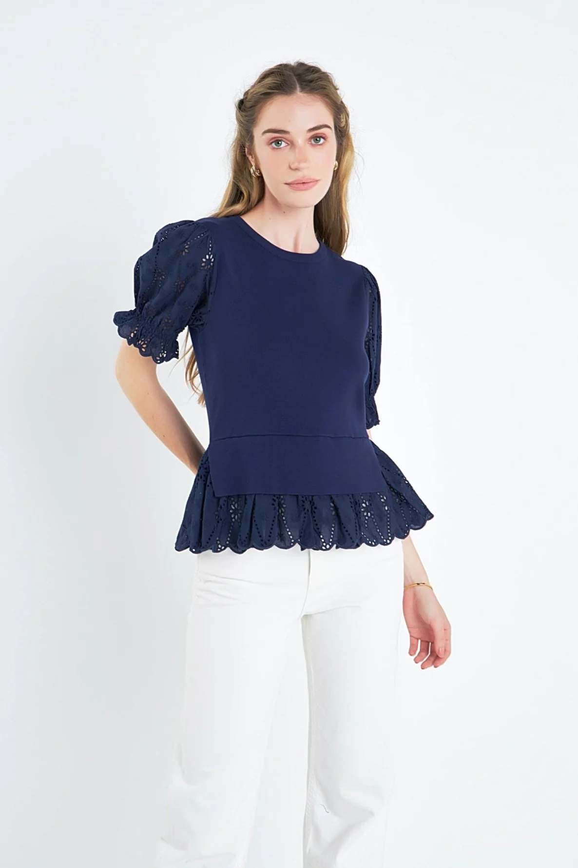 Eyelet Mixed Media Knit Top - Image 17