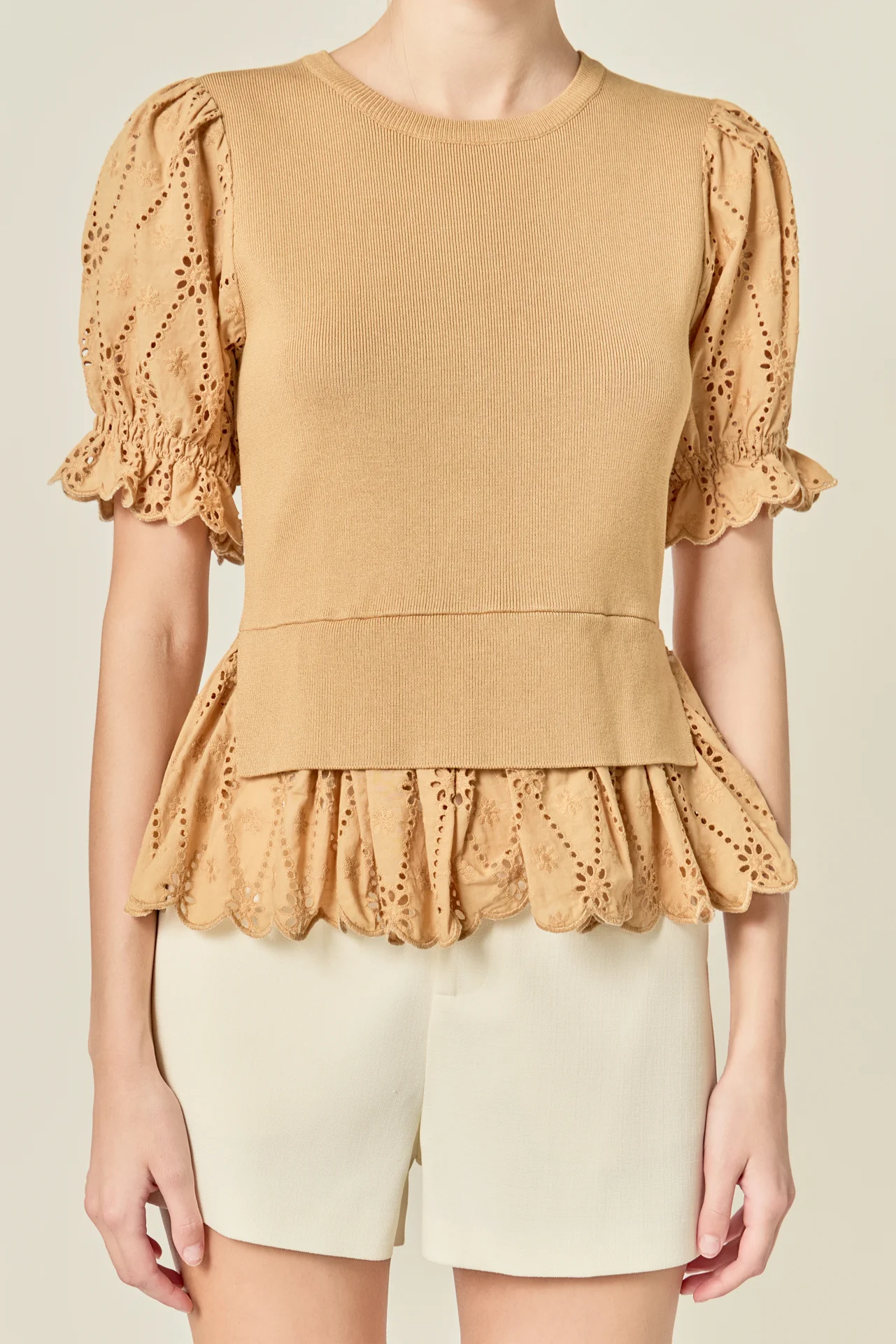 Eyelet Mixed Media Knit Top - Image 2