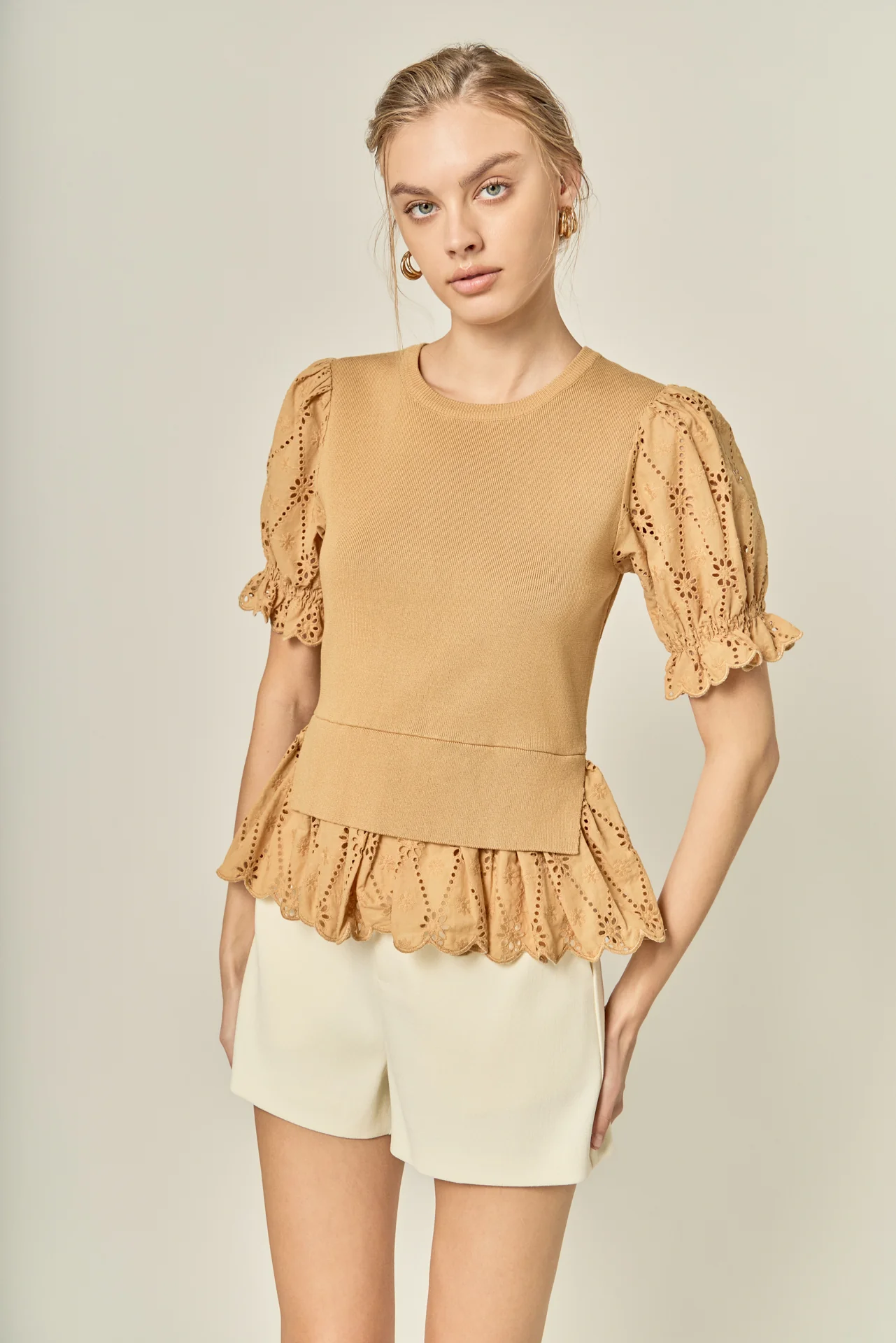 Eyelet Mixed Media Knit Top - Image 6