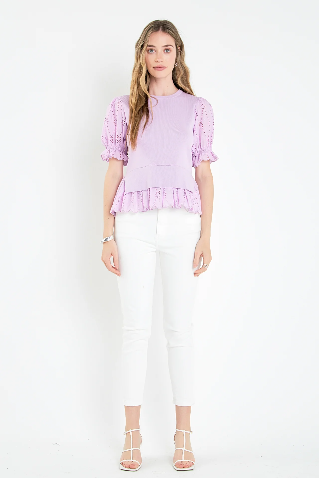 Eyelet Mixed Media Knit Top - Image 8