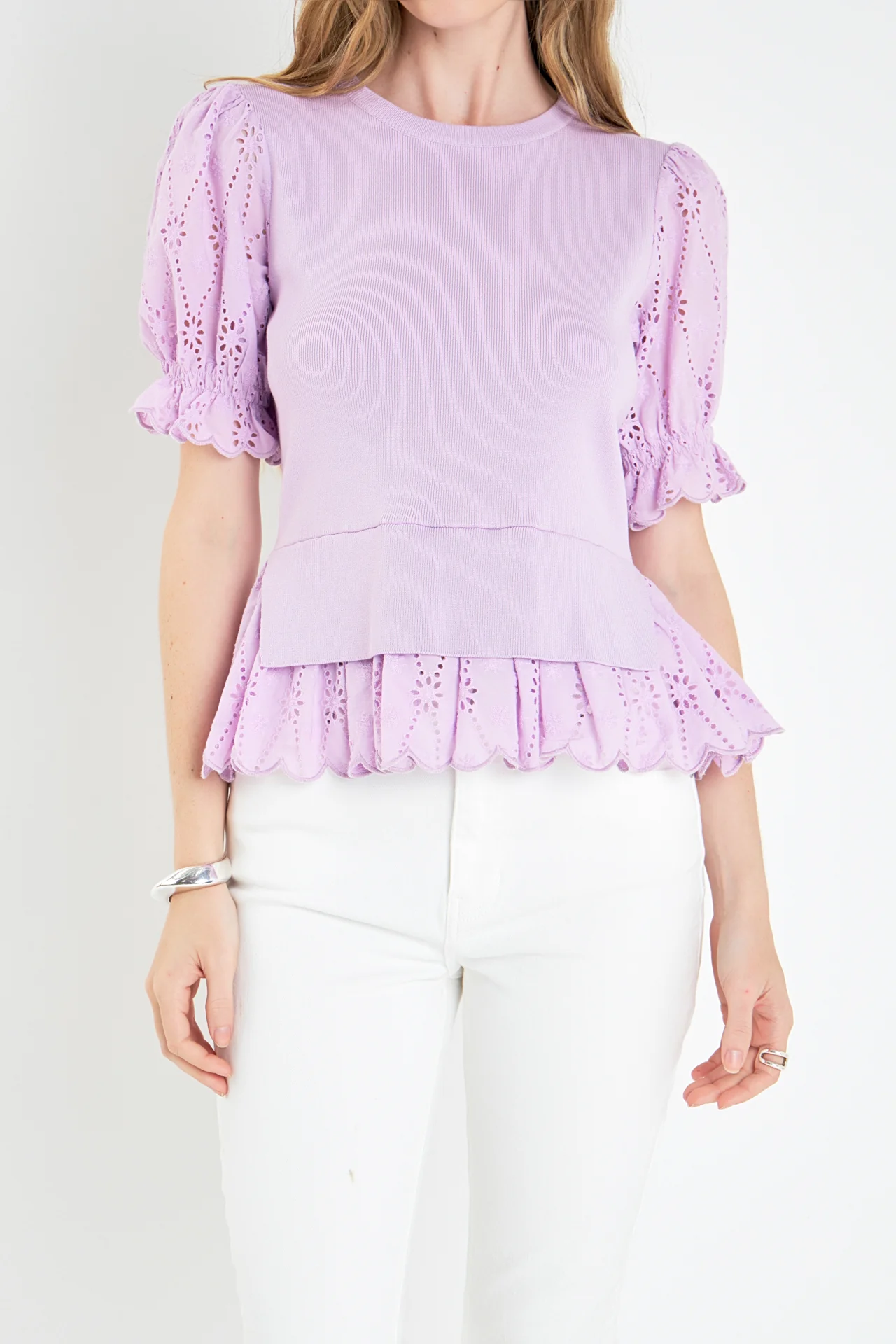 Eyelet Mixed Media Knit Top - Image 9