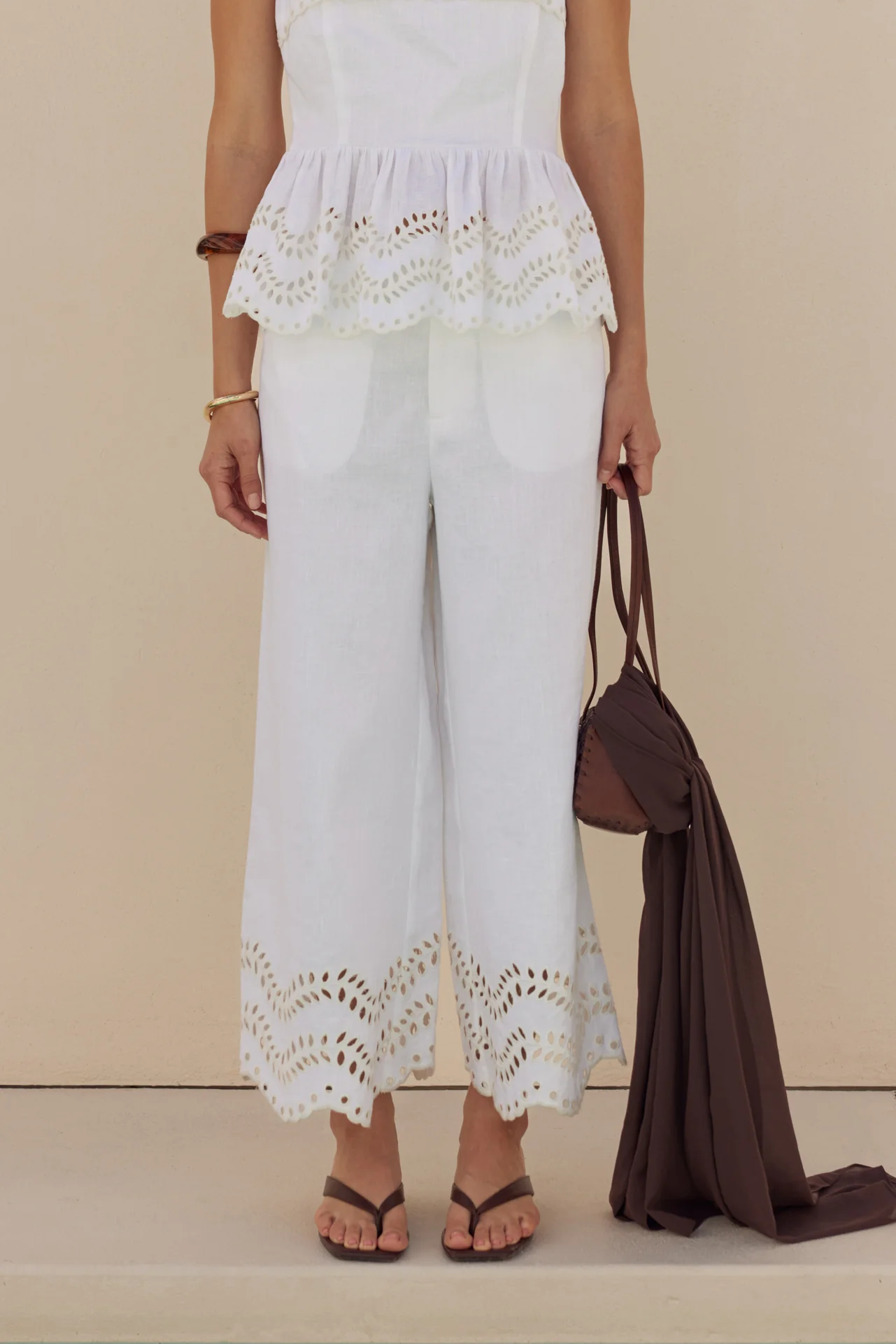 Eyelet Trim Linen Wide-Leg Pants - Image 2