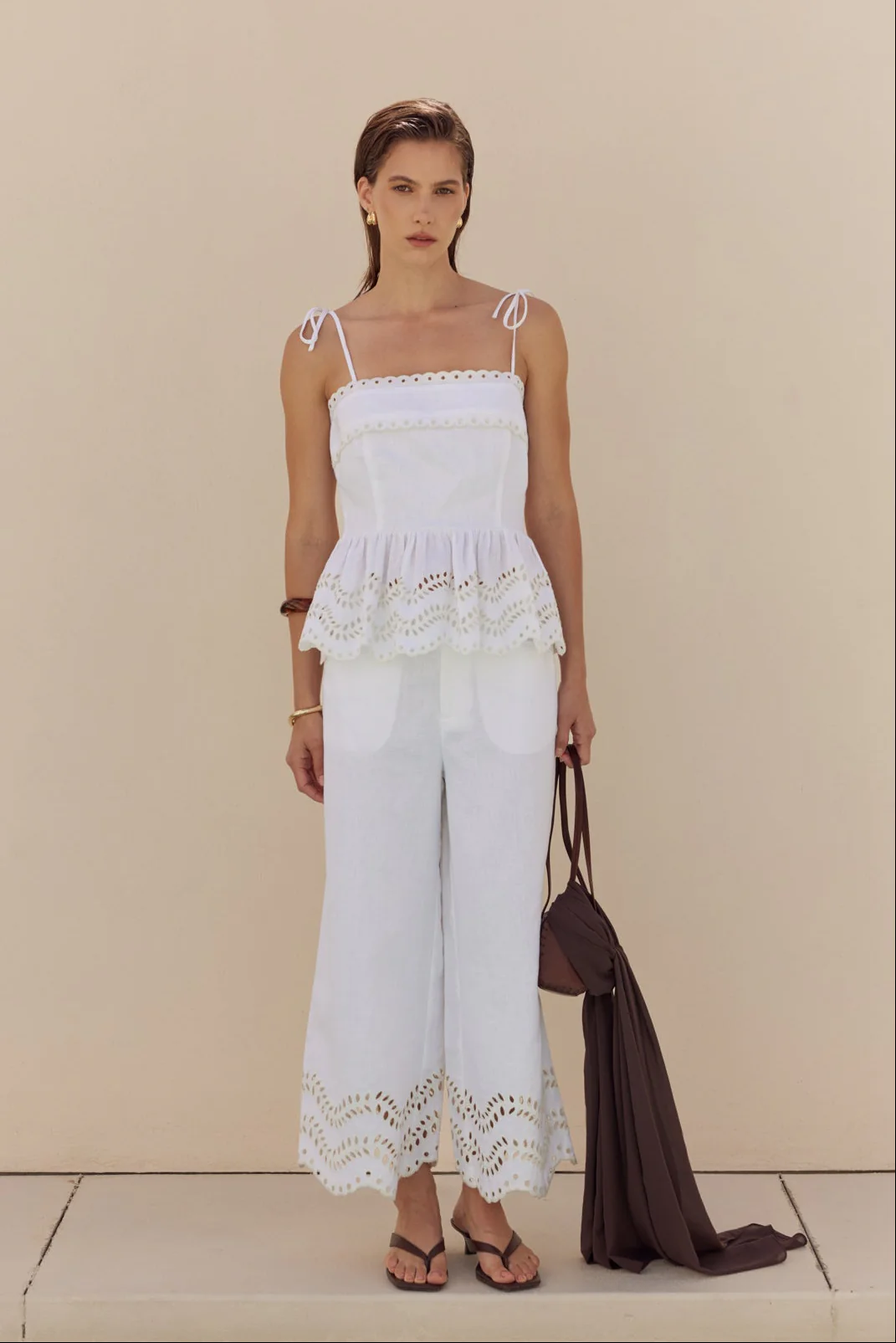 Eyelet Trim Linen Wide-Leg Pants - Image 3
